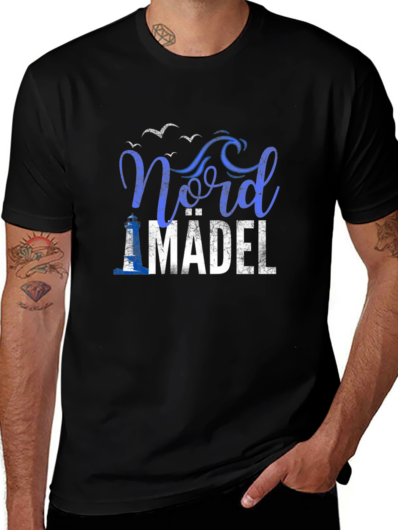 Nord Mädel Black Tee - Lighthouse & Seagulls Design