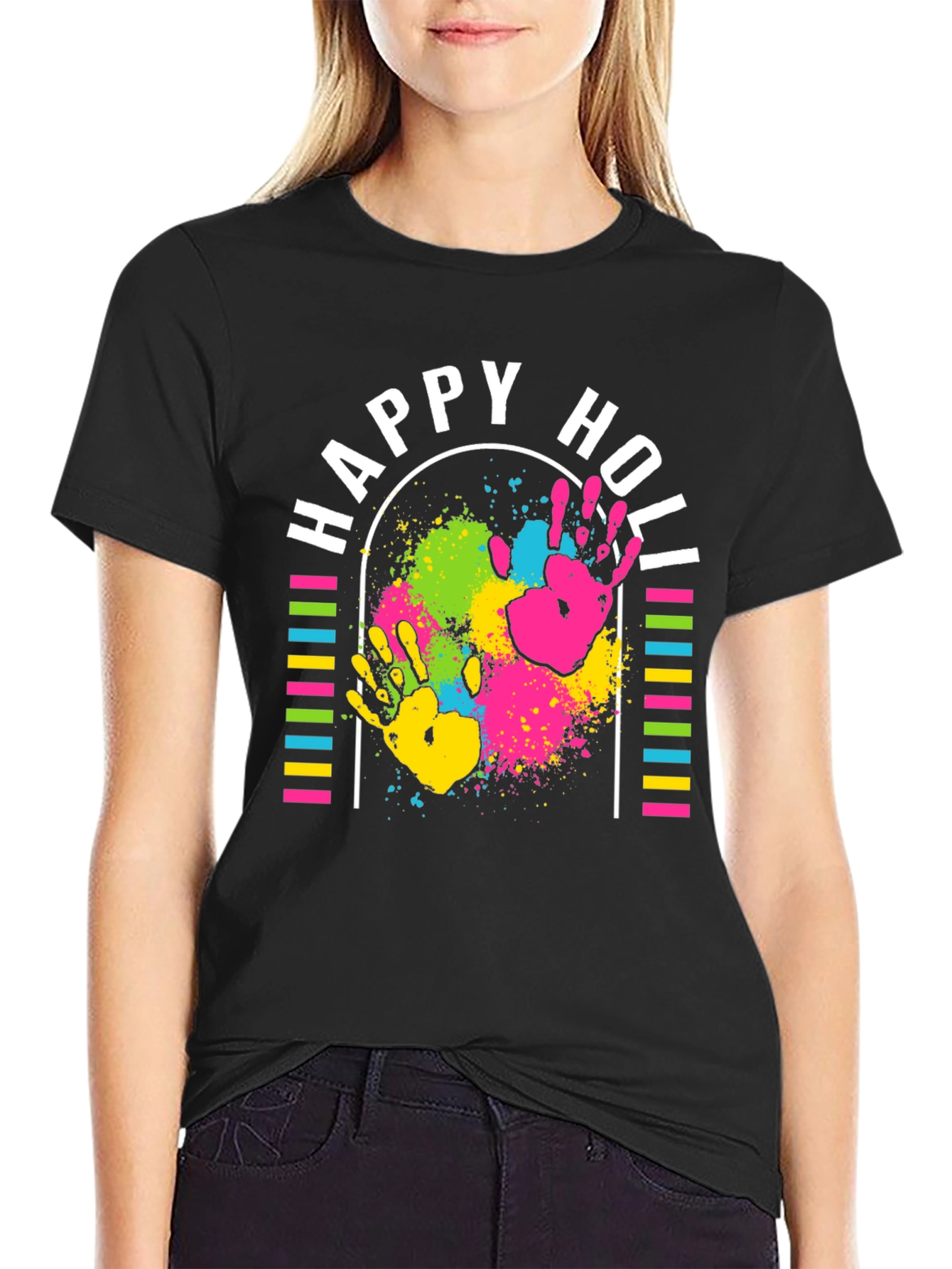 Happy Holi T-Shirt - Colorful Handprints Design