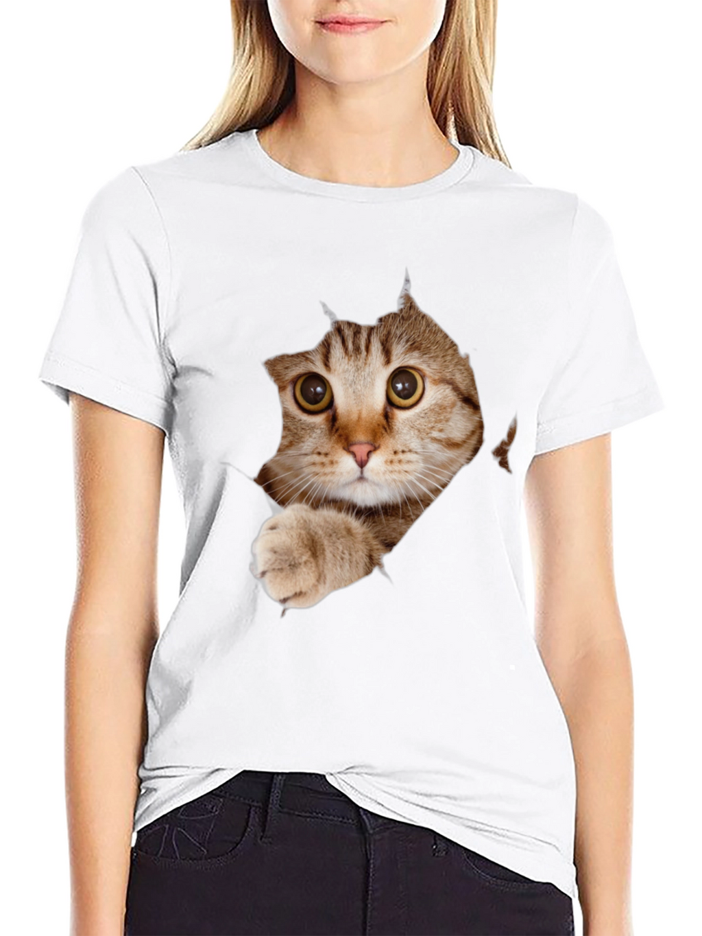 Cat Peeking Through Ripped T-Shirt - Unique Graphic Tee
