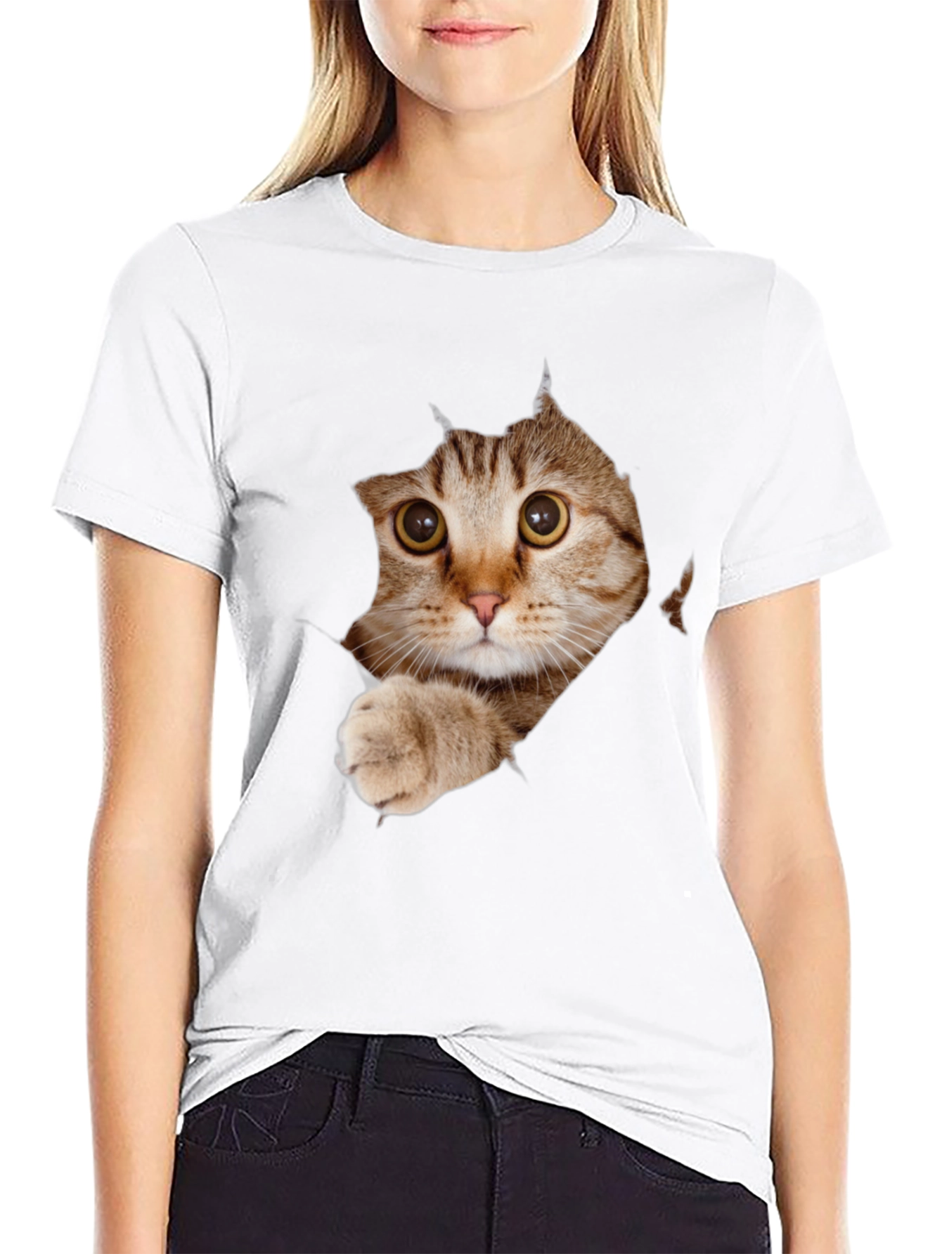 Cat Peeking Through Ripped T-Shirt - Unique Graphic Tee