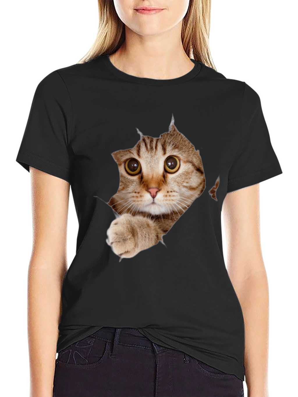 Cat Peeking Through Ripped T-Shirt - Unique Graphic Tee
