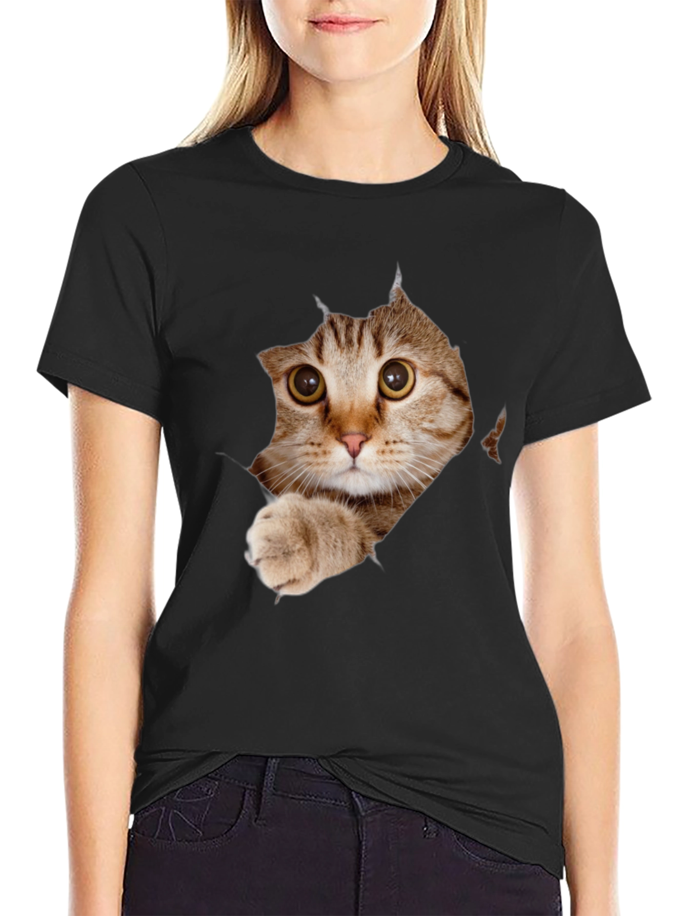 Cat Peeking Through Ripped T-Shirt - Unique Graphic Tee