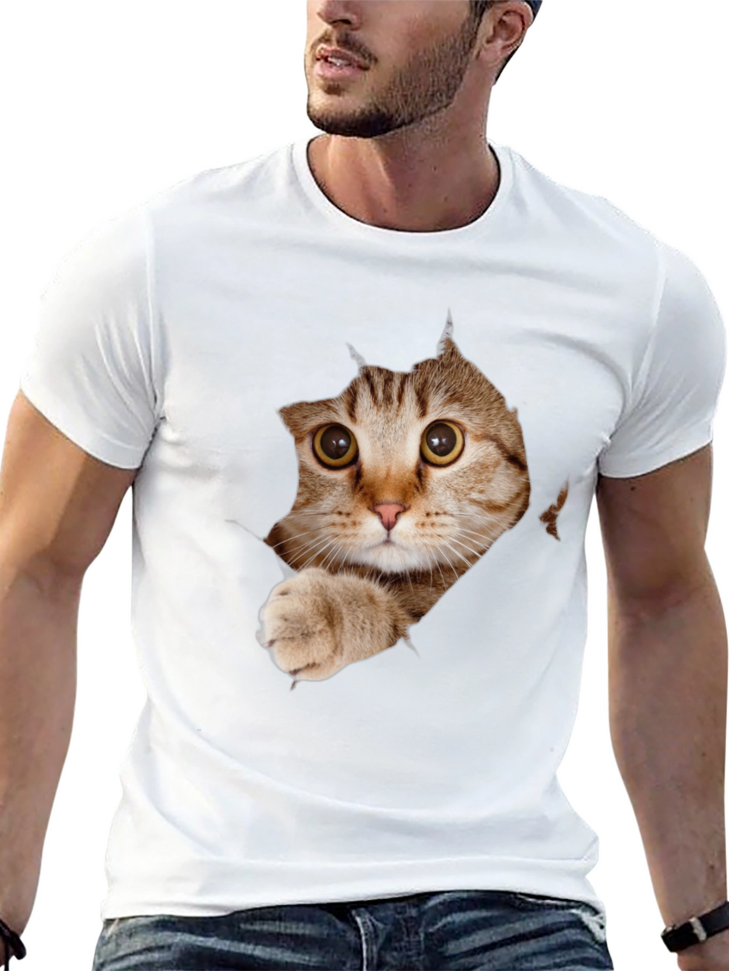 Cat Peeking Through Ripped T-Shirt - Unique Graphic Tee