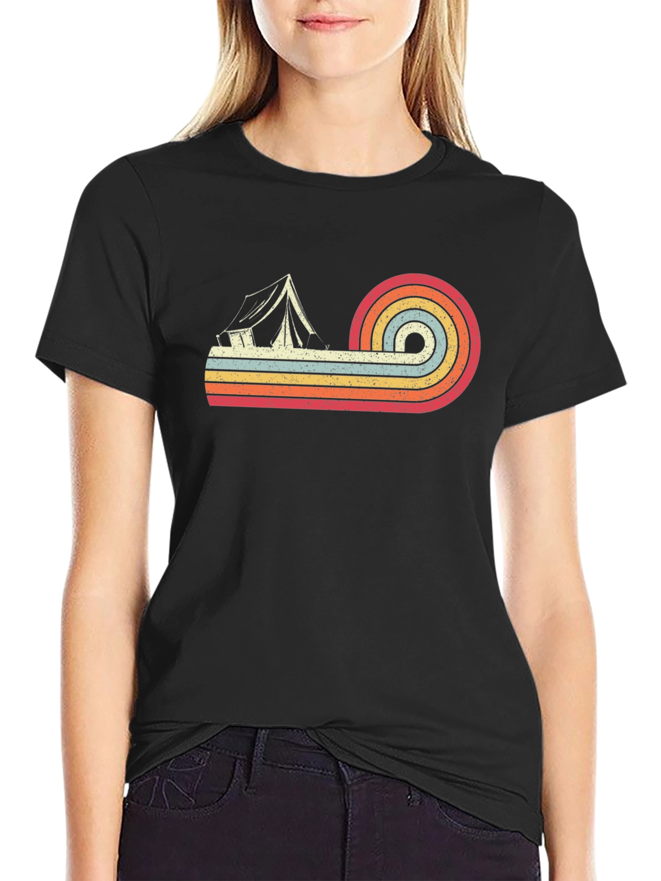 Retro Camping Tent Graphic Tee - Black Cotton T-Shirt