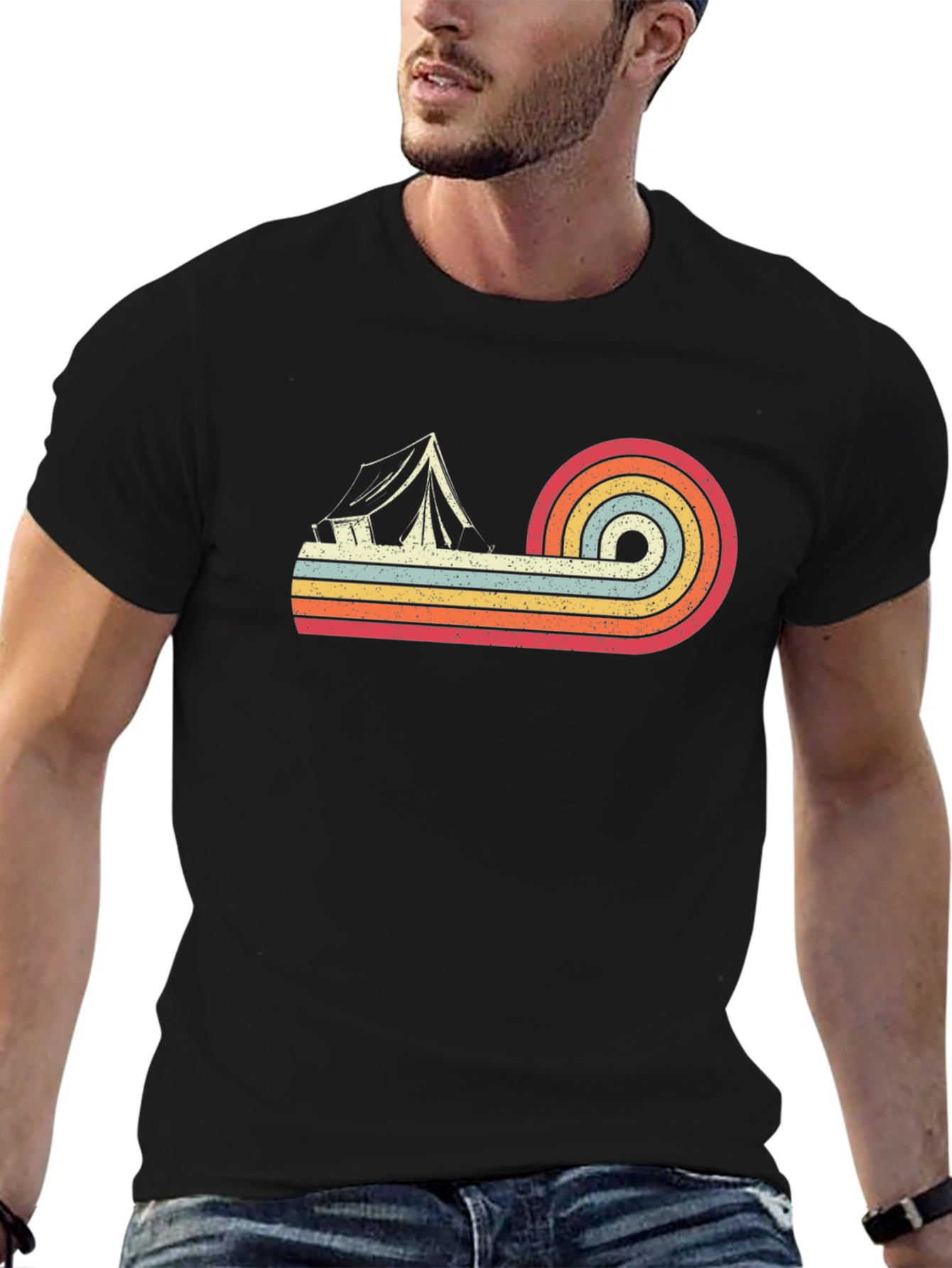 Retro Camping Tent Graphic Tee - Black Cotton T-Shirt