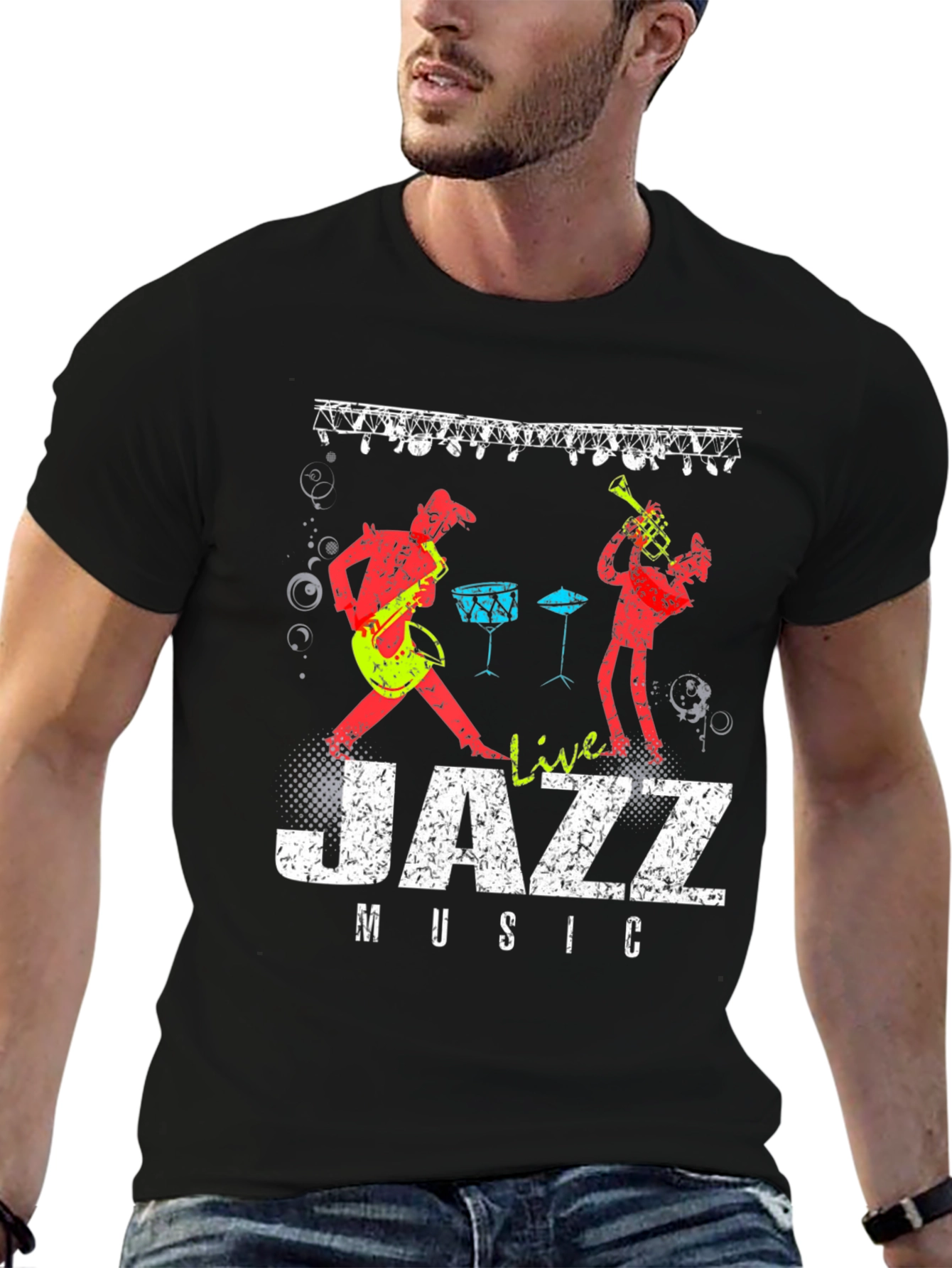 Live Jazz Music Graphic Print Crew Neck T-Shirt