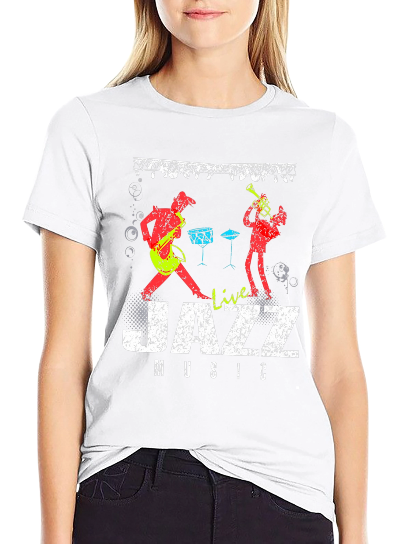 Live Jazz Music Graphic Print Crew Neck T-Shirt