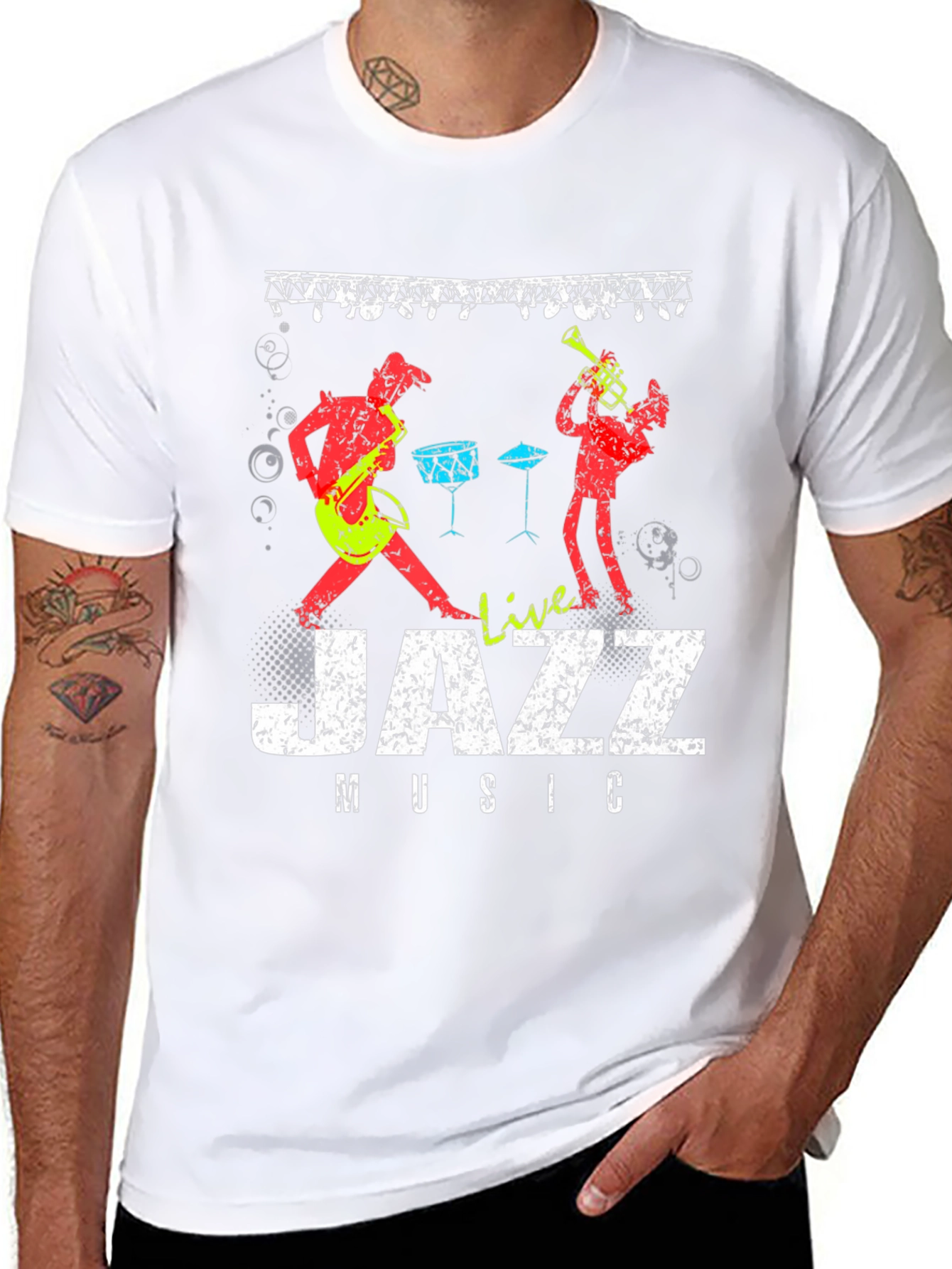 Live Jazz Music Graphic Print Crew Neck T-Shirt