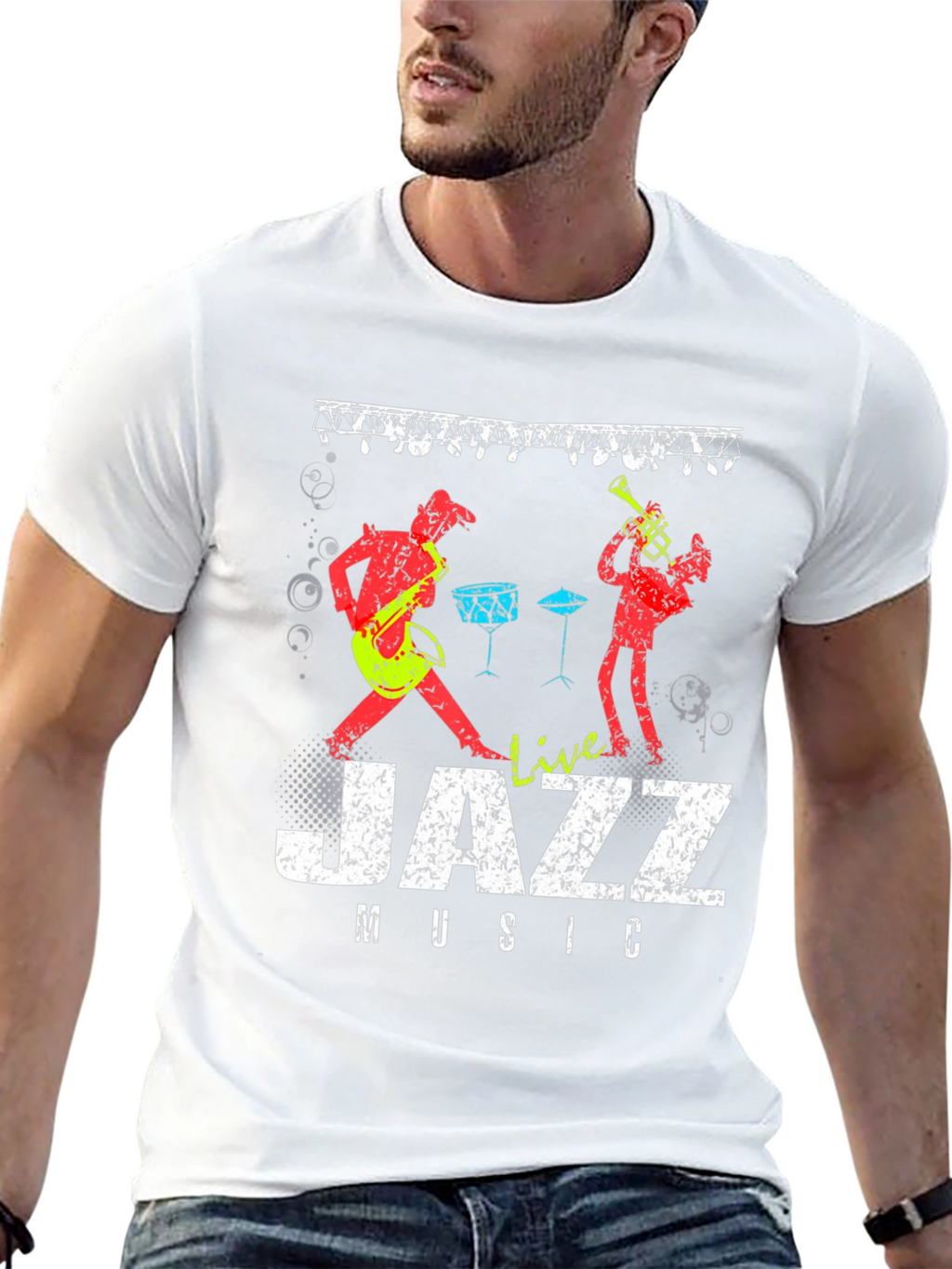 Live Jazz Music Graphic Print Crew Neck T-Shirt
