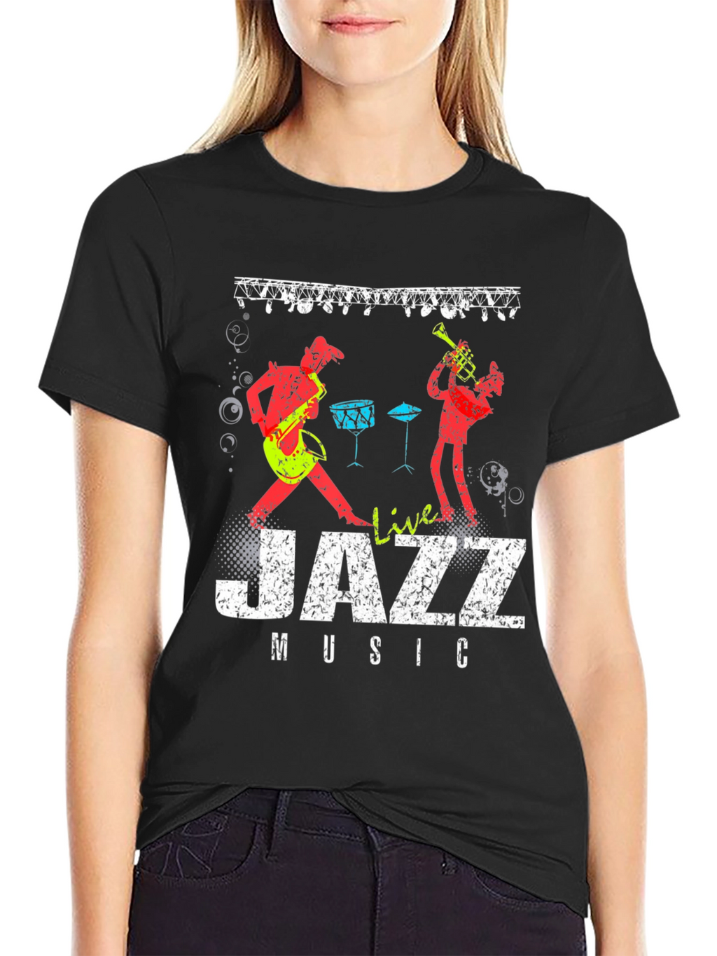 Live Jazz Music Graphic Print Crew Neck T-Shirt