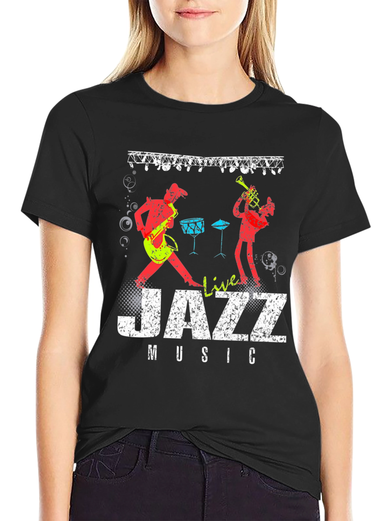Live Jazz Music Graphic Print Crew Neck T-Shirt