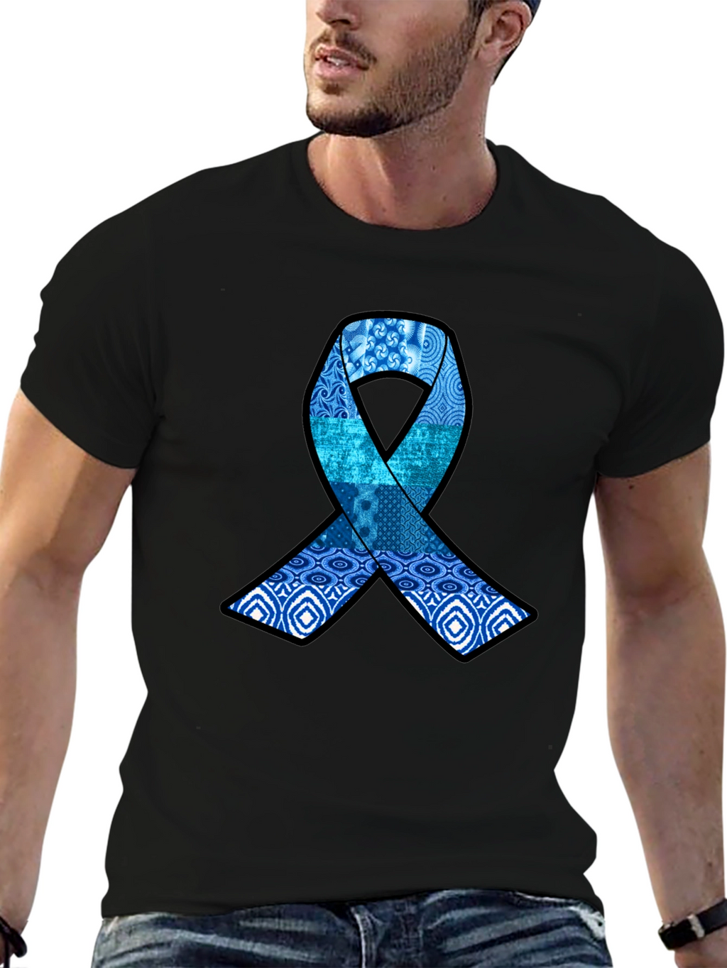 Blue Ribbon Pattern Graphic Tee - Stylish Awareness Shirt