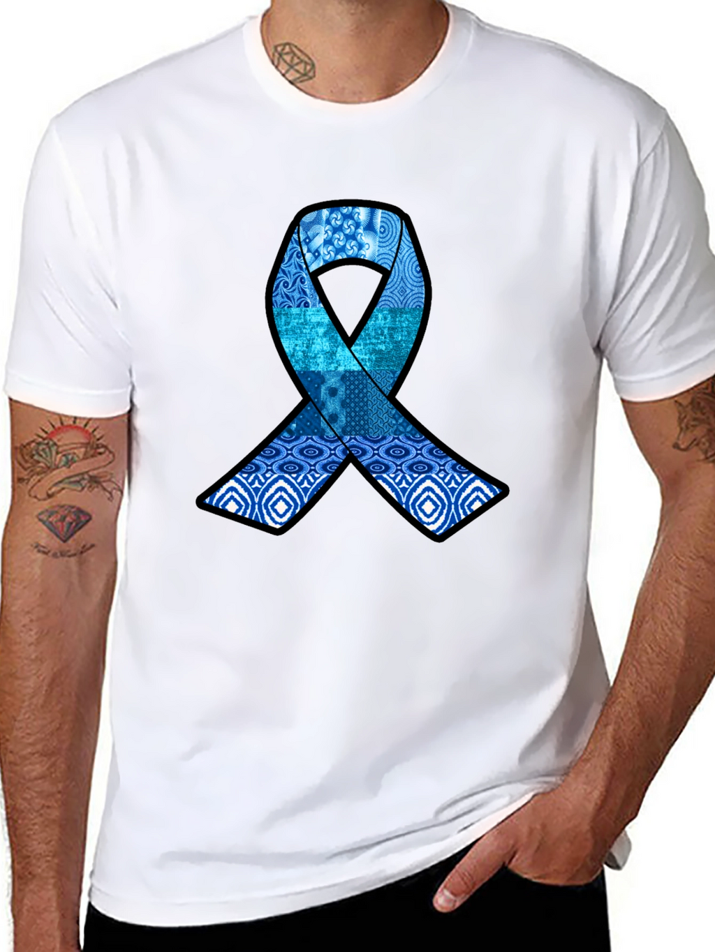 Blue Ribbon Pattern Graphic Tee - Stylish Awareness Shirt