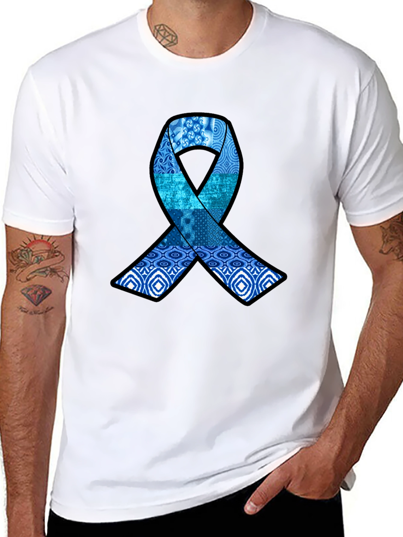 Blue Ribbon Pattern Graphic Tee - Stylish Awareness Shirt