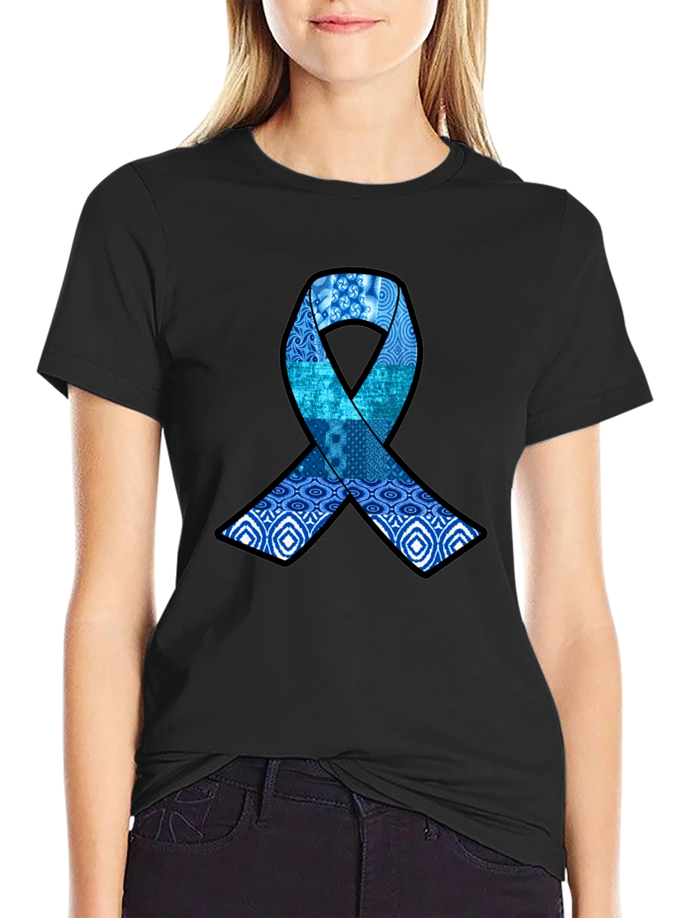 Blue Ribbon Pattern Graphic Tee - Stylish Awareness Shirt