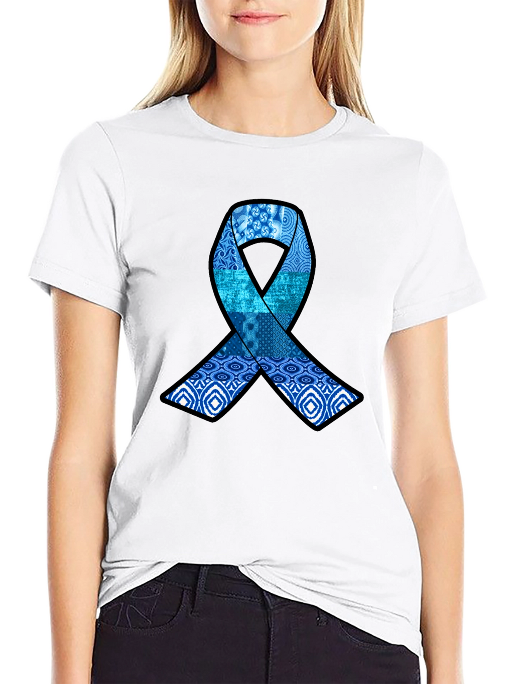 Blue Ribbon Pattern Graphic Tee - Stylish Awareness Shirt
