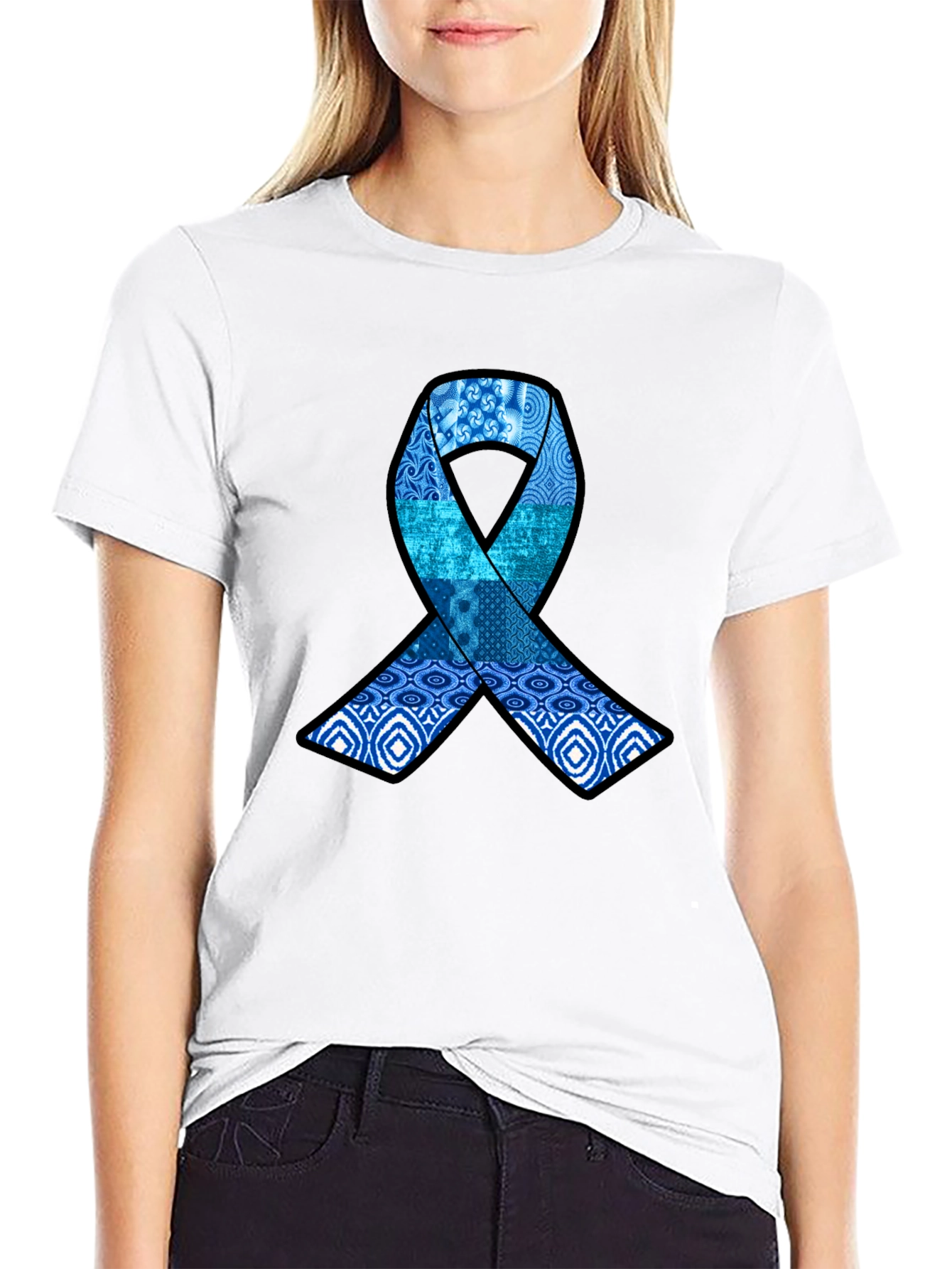 Blue Ribbon Pattern Graphic Tee - Stylish Awareness Shirt
