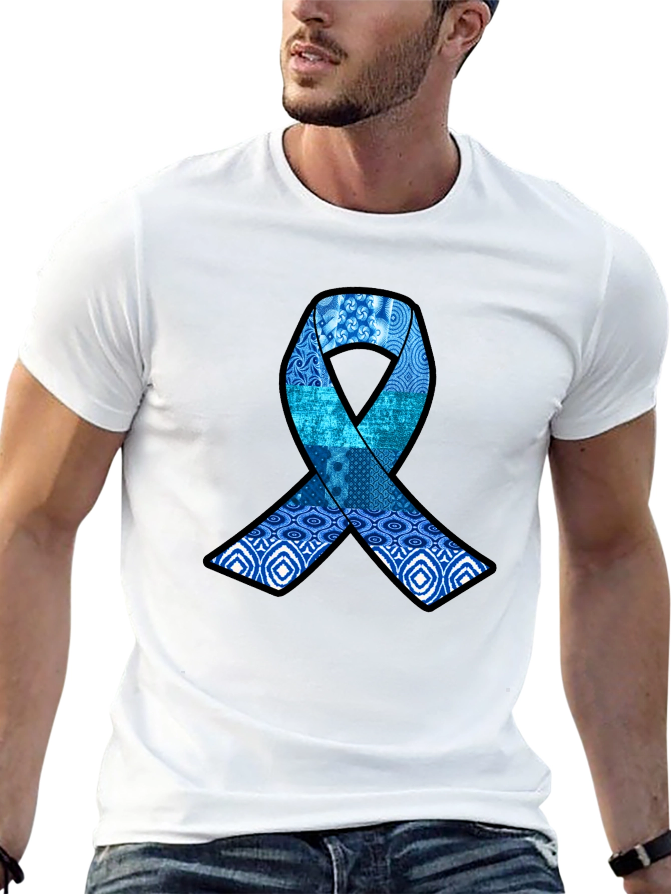 Blue Ribbon Pattern Graphic Tee - Stylish Awareness Shirt