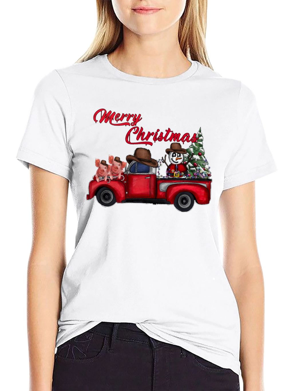 Christmas Truck T-Shirt with Pig and Snowman Design