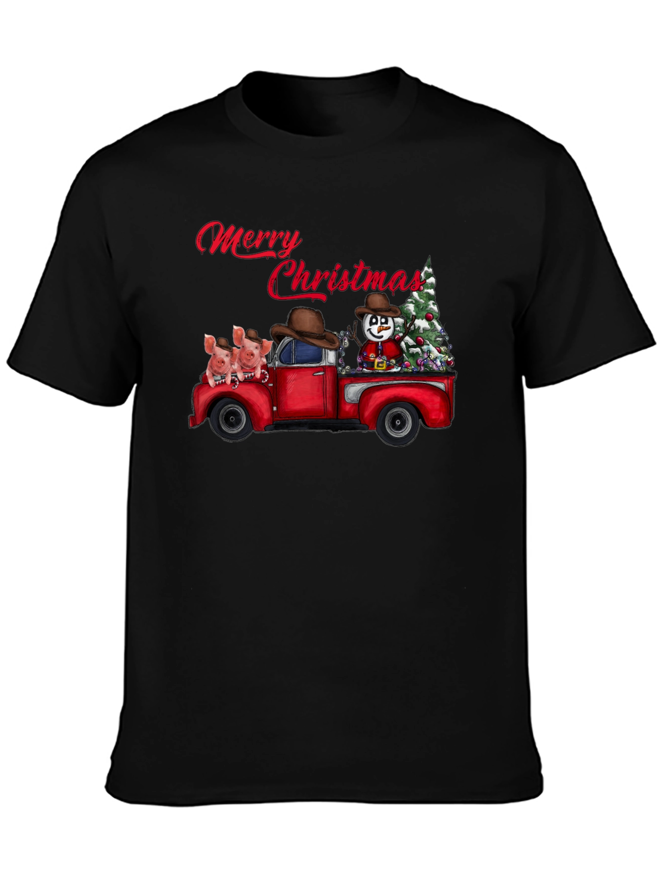 Christmas Truck T-Shirt with Pig and Snowman Design