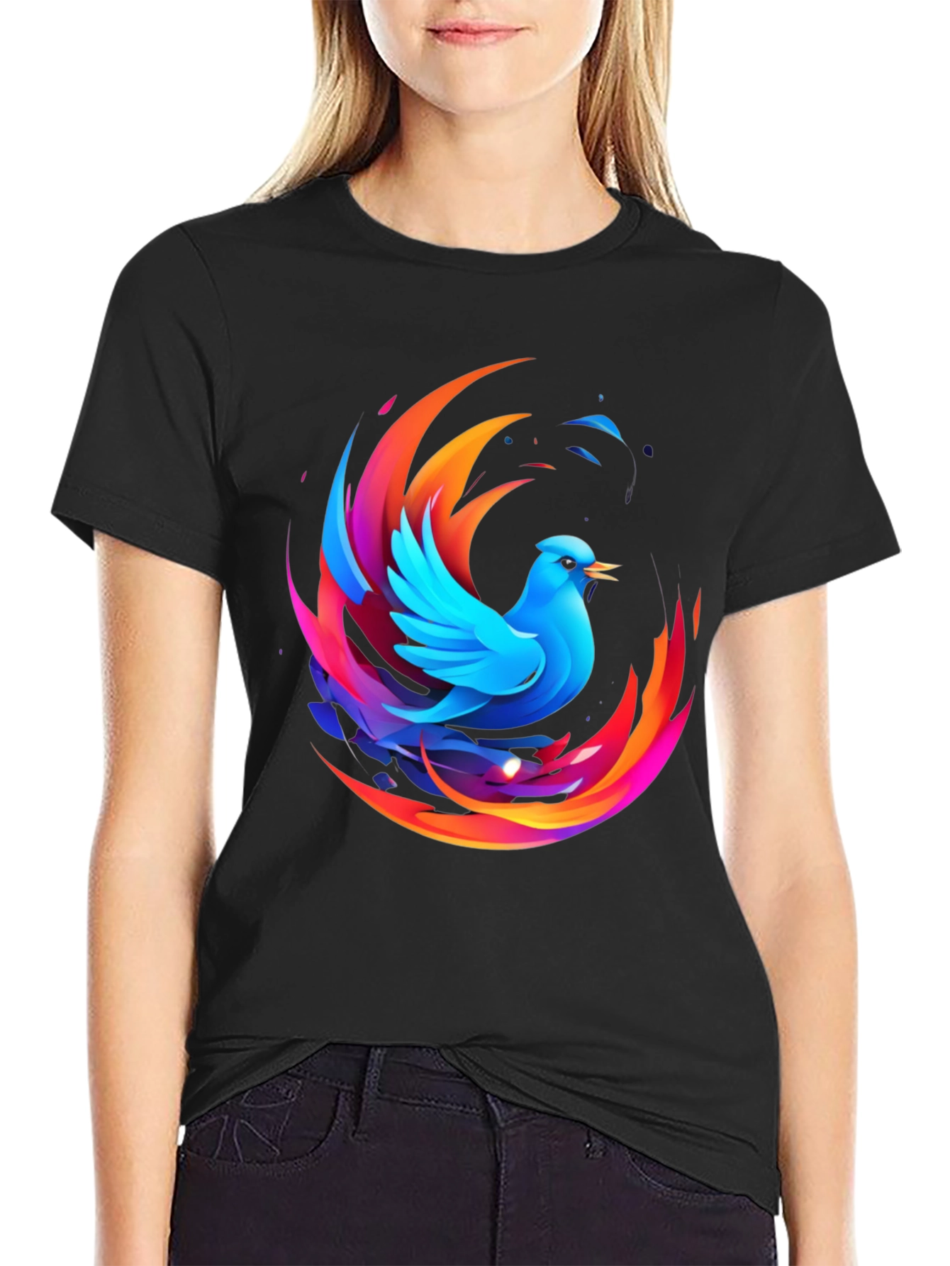 Phoenix Bird Graphic Print Black T-Shirt