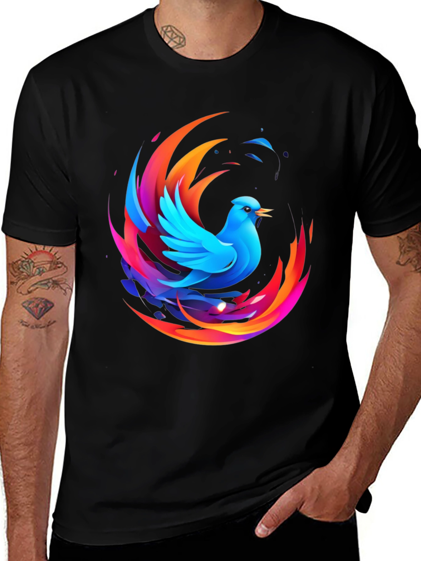 Phoenix Bird Graphic Print Black T-Shirt