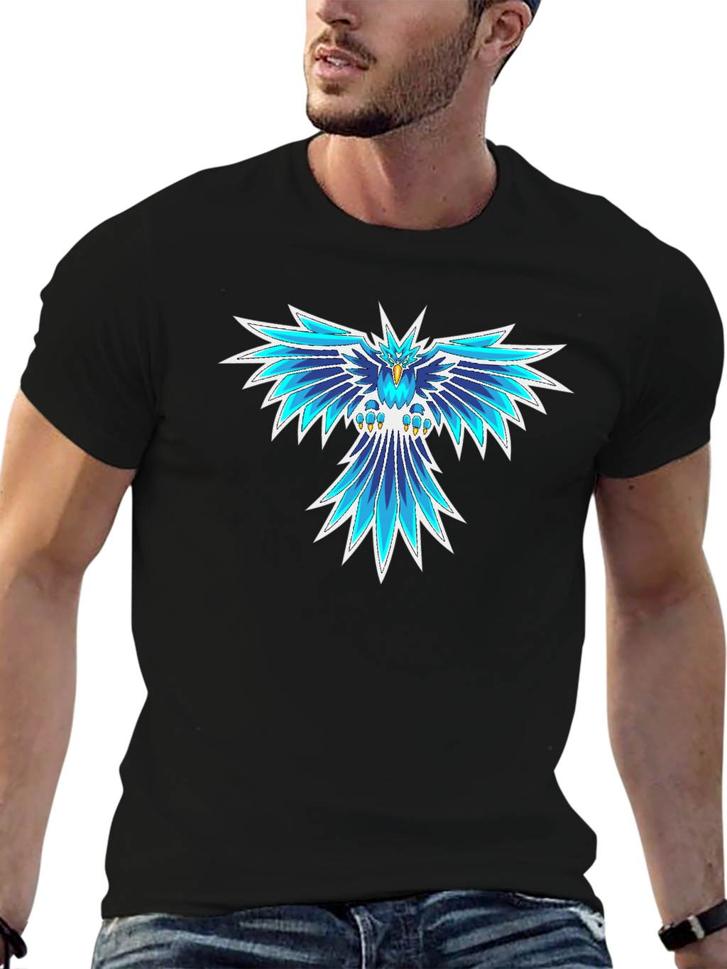 Cool Blue Phoenix Graphic Black T-Shirt