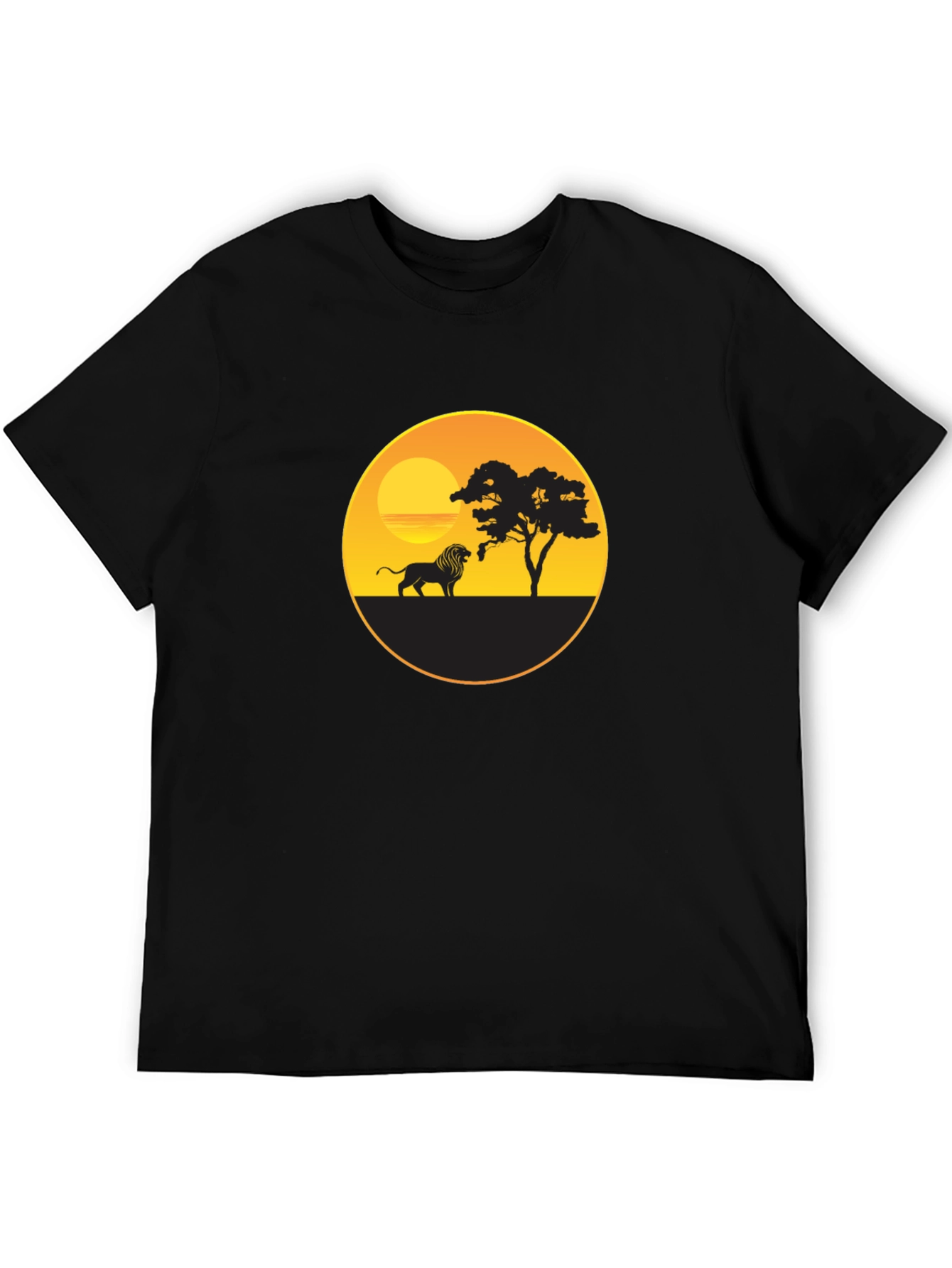 African Sunset Lion Graphic Tee - Black Cotton T-Shirt