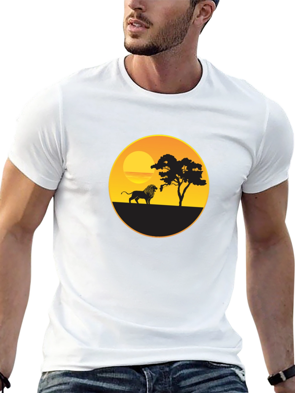 African Sunset Lion Graphic Tee - Black Cotton T-Shirt
