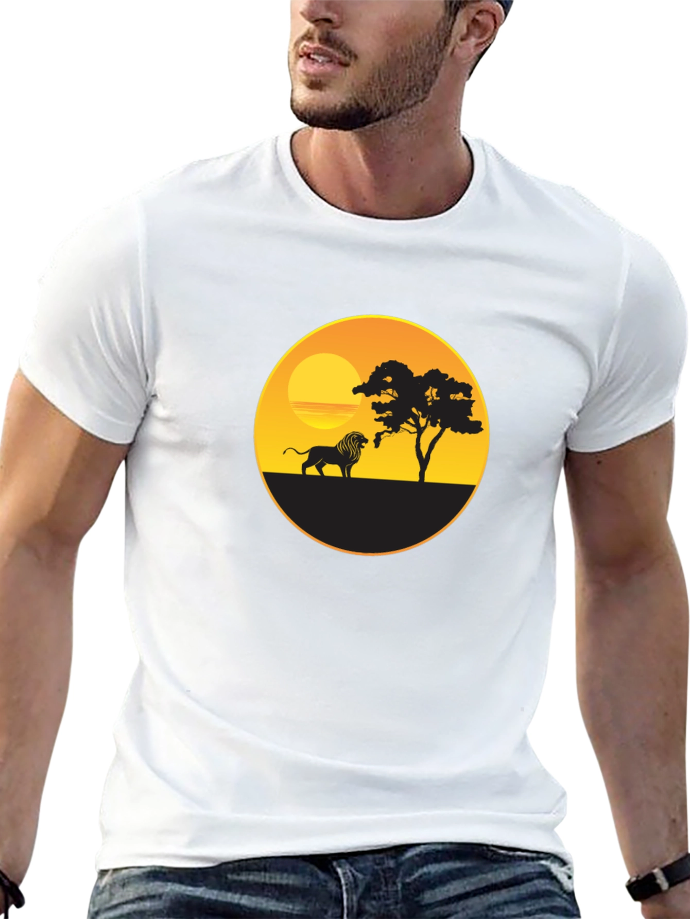 African Sunset Lion Graphic Tee - Black Cotton T-Shirt