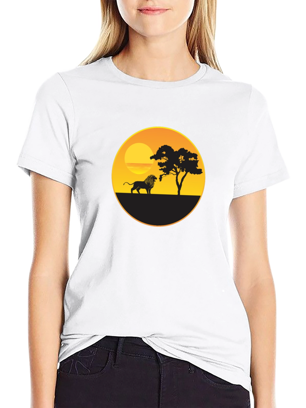 African Sunset Lion Graphic Tee - Black Cotton T-Shirt