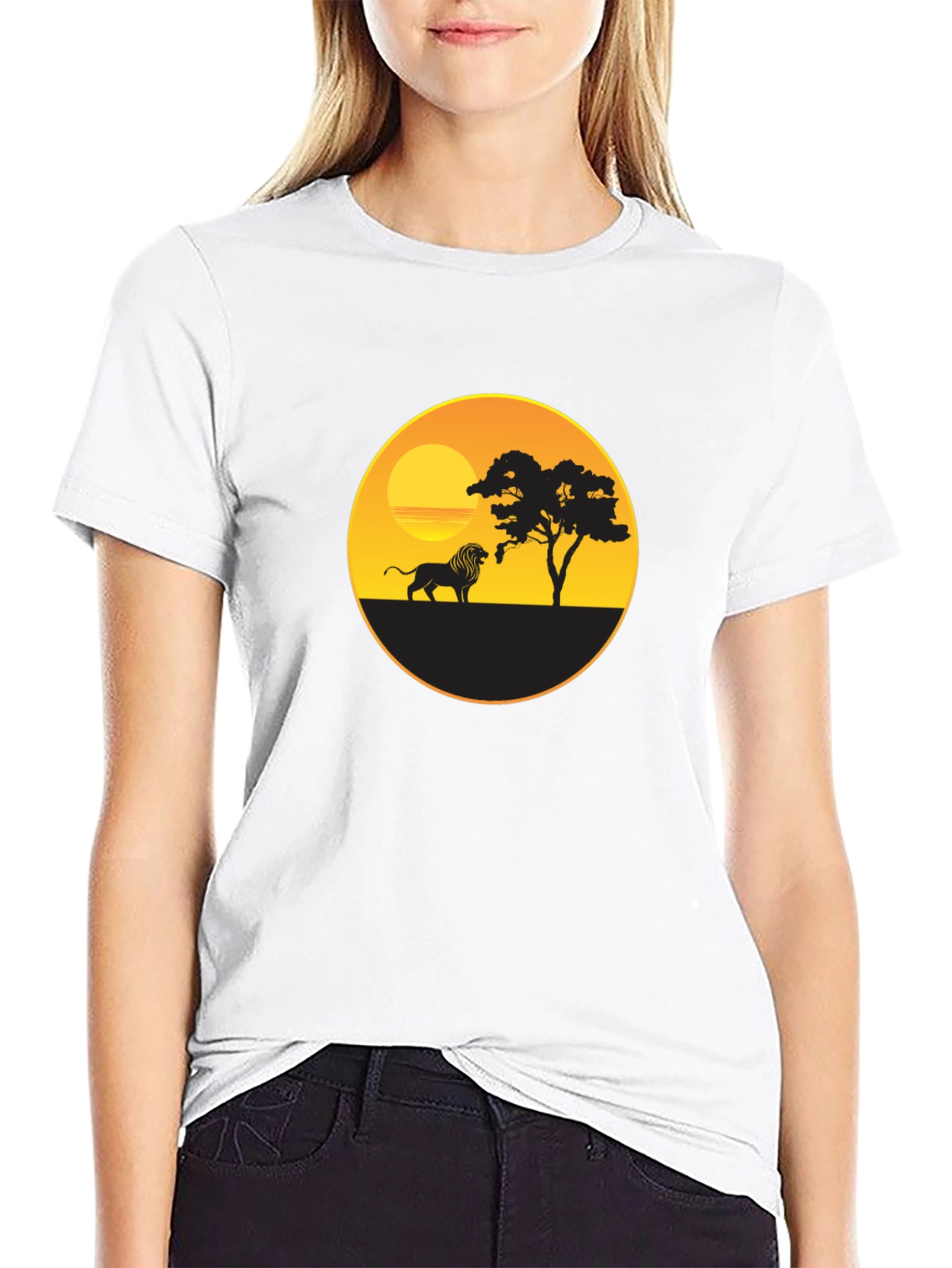 African Sunset Lion Graphic Tee - Black Cotton T-Shirt