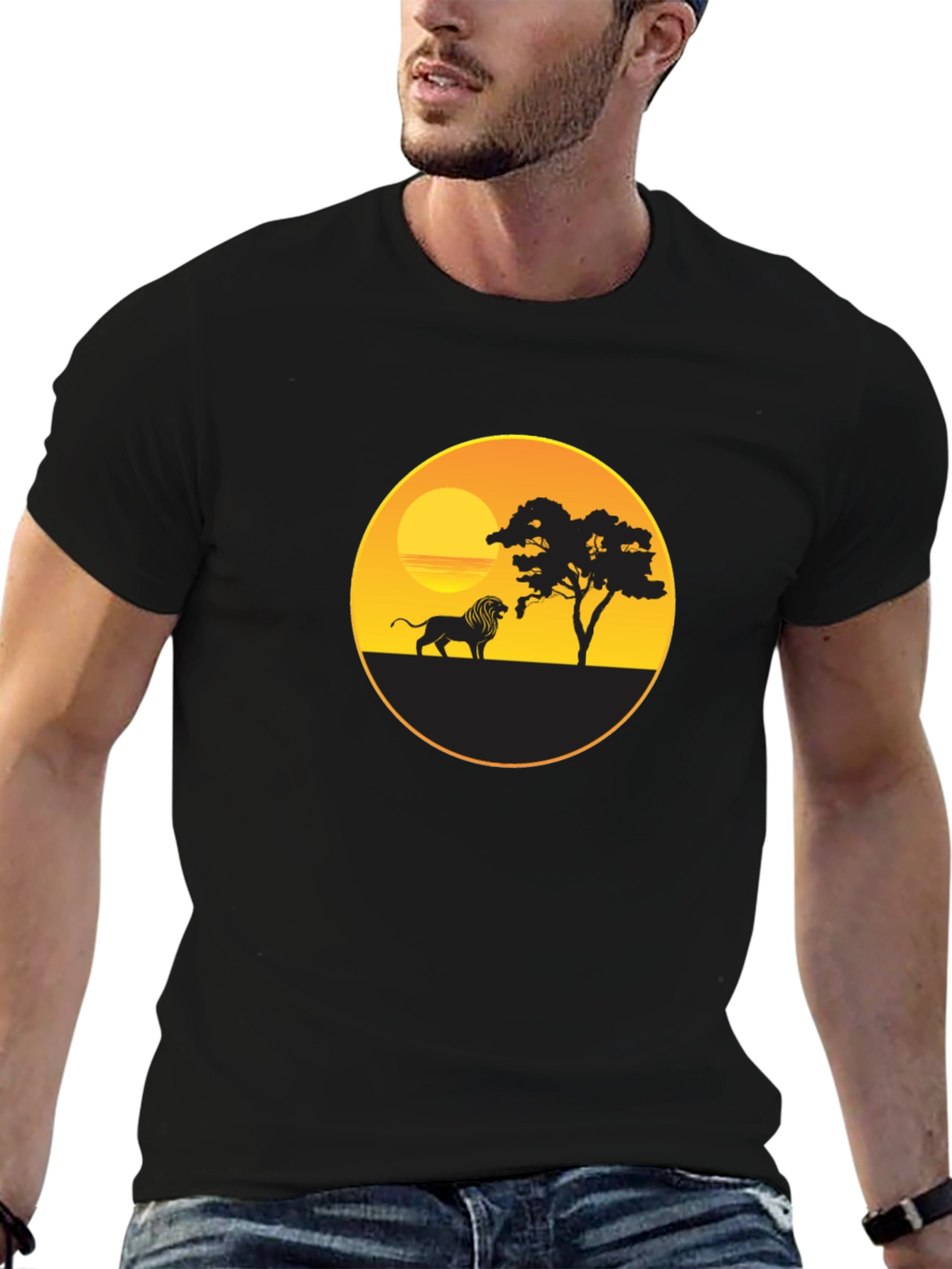 African Sunset Lion Graphic Tee - Black Cotton T-Shirt