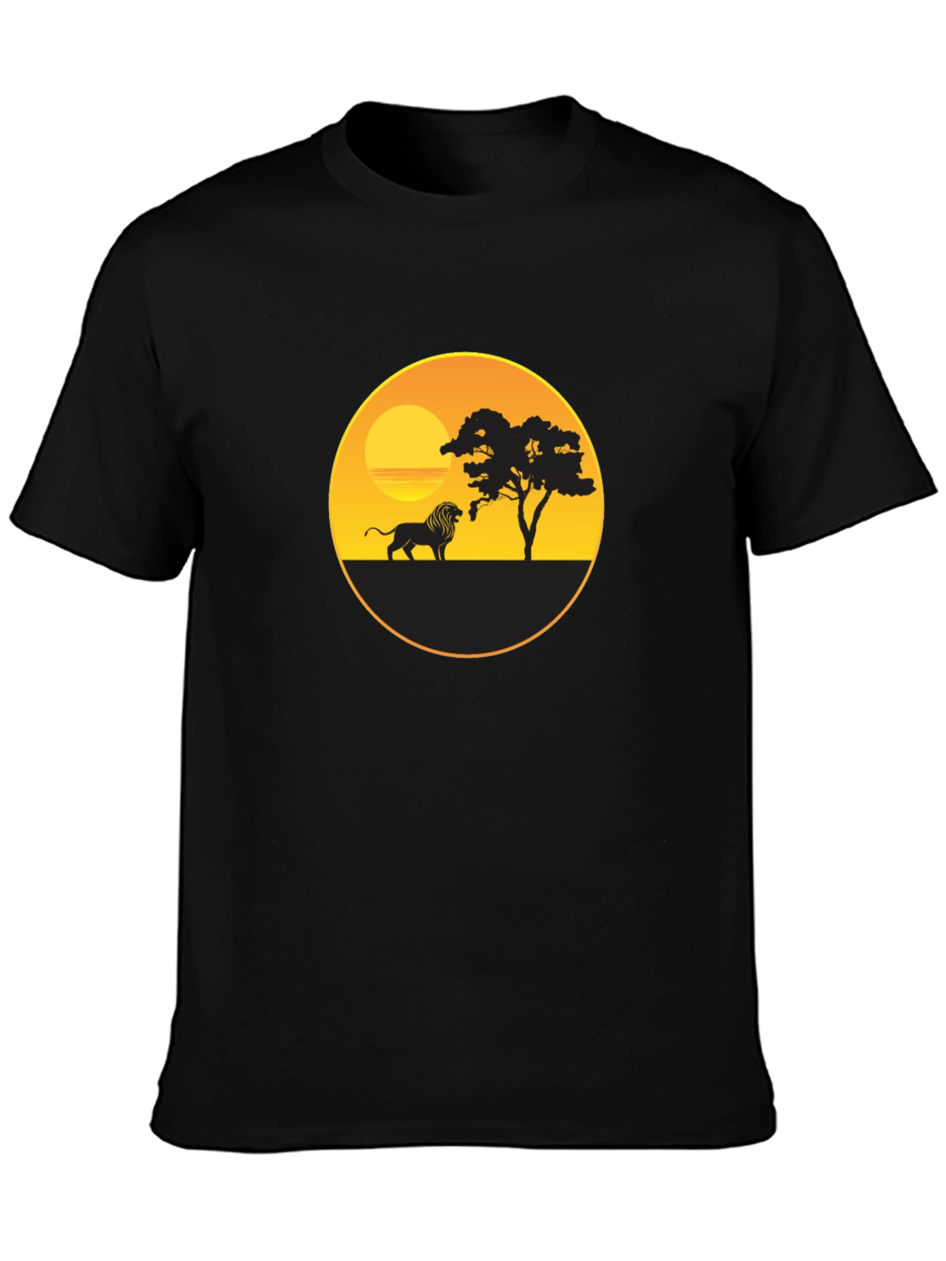 African Sunset Lion Graphic Tee - Black Cotton T-Shirt