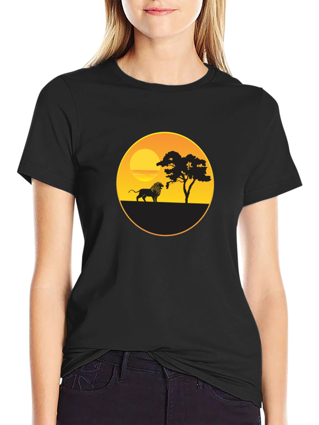 African Sunset Lion Graphic Tee - Black Cotton T-Shirt