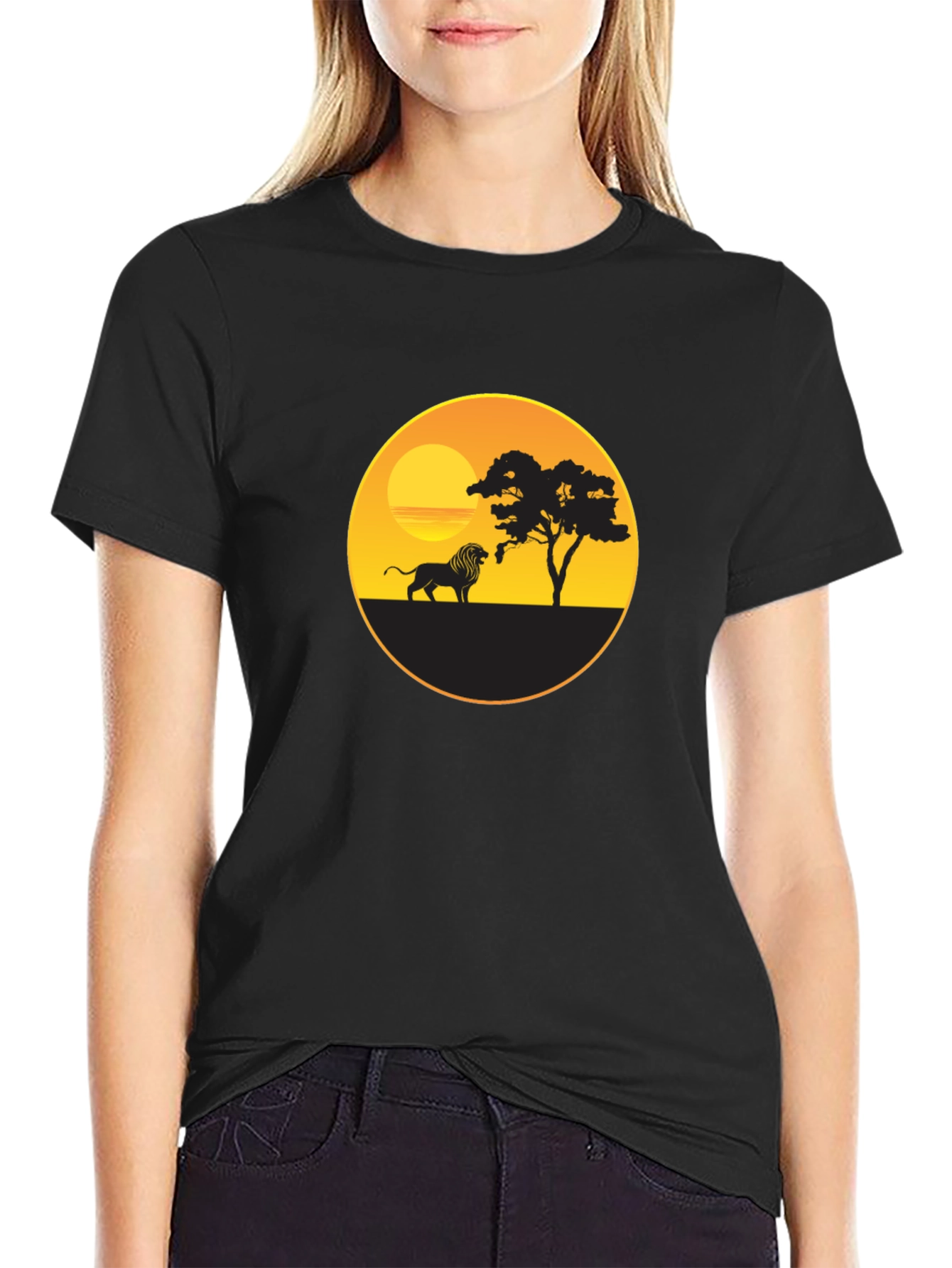 African Sunset Lion Graphic Tee - Black Cotton T-Shirt