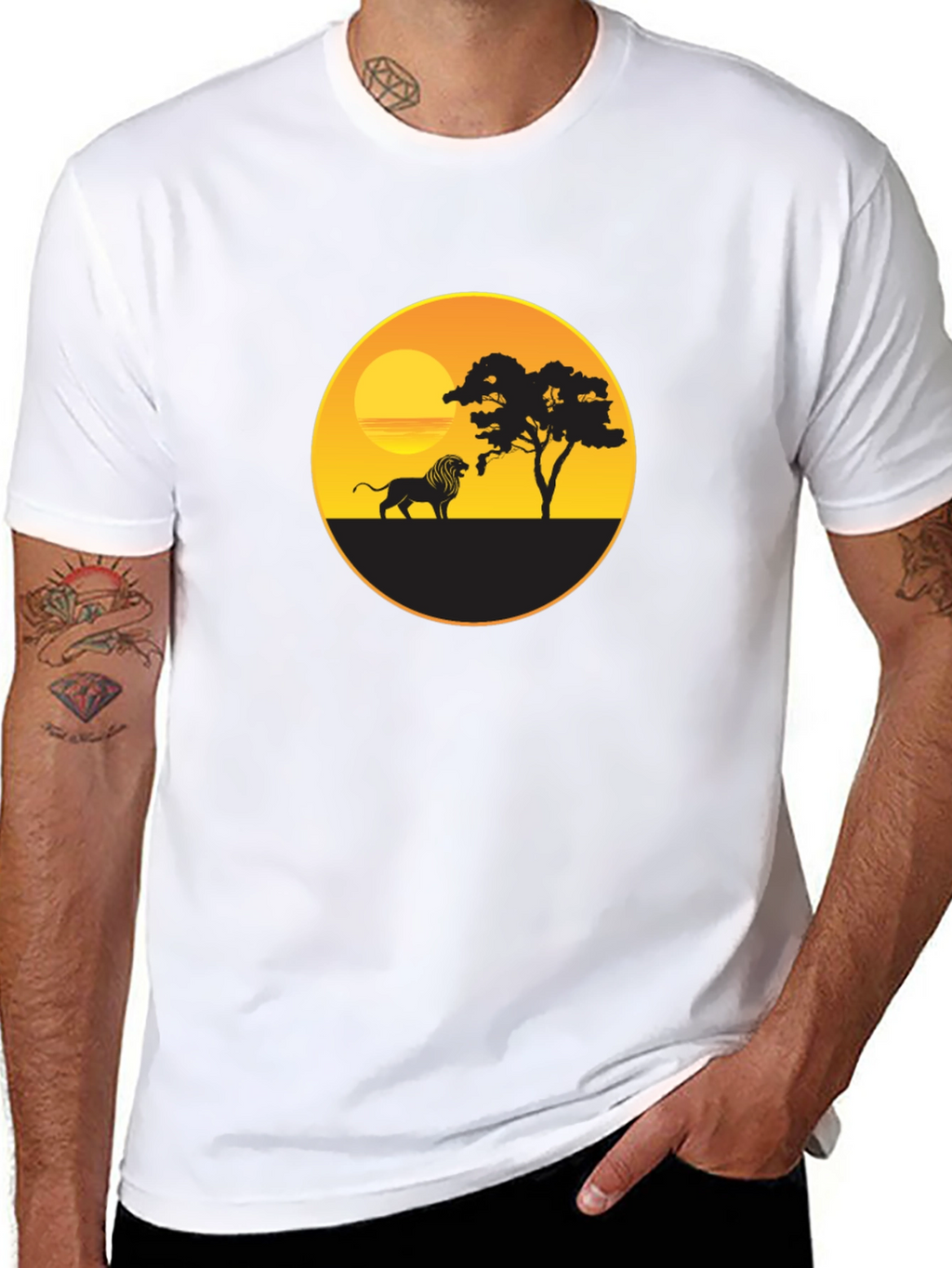 African Sunset Lion Graphic Tee - Black Cotton T-Shirt
