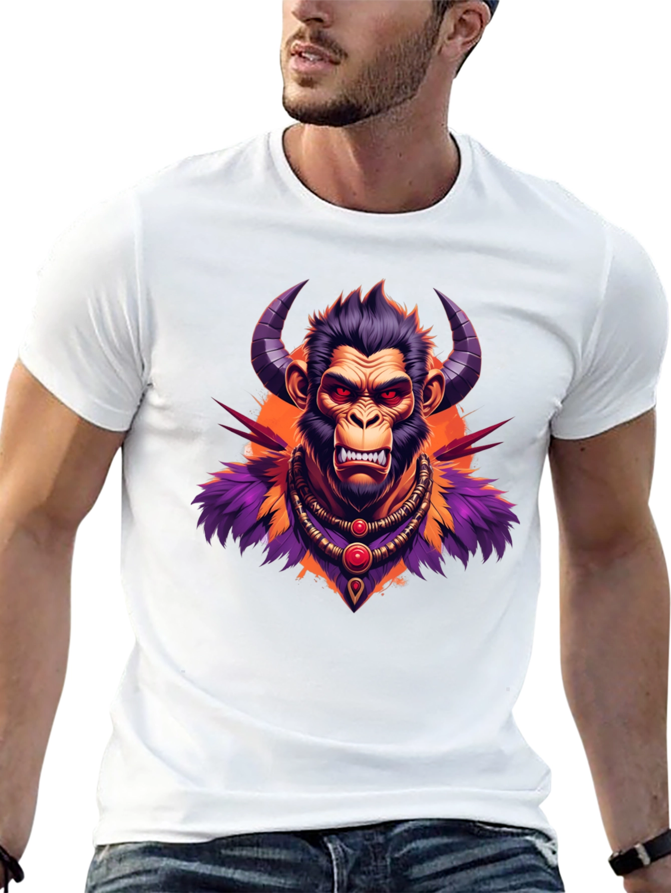 Horned Monkey Graphic Tee - Unique Ape Design