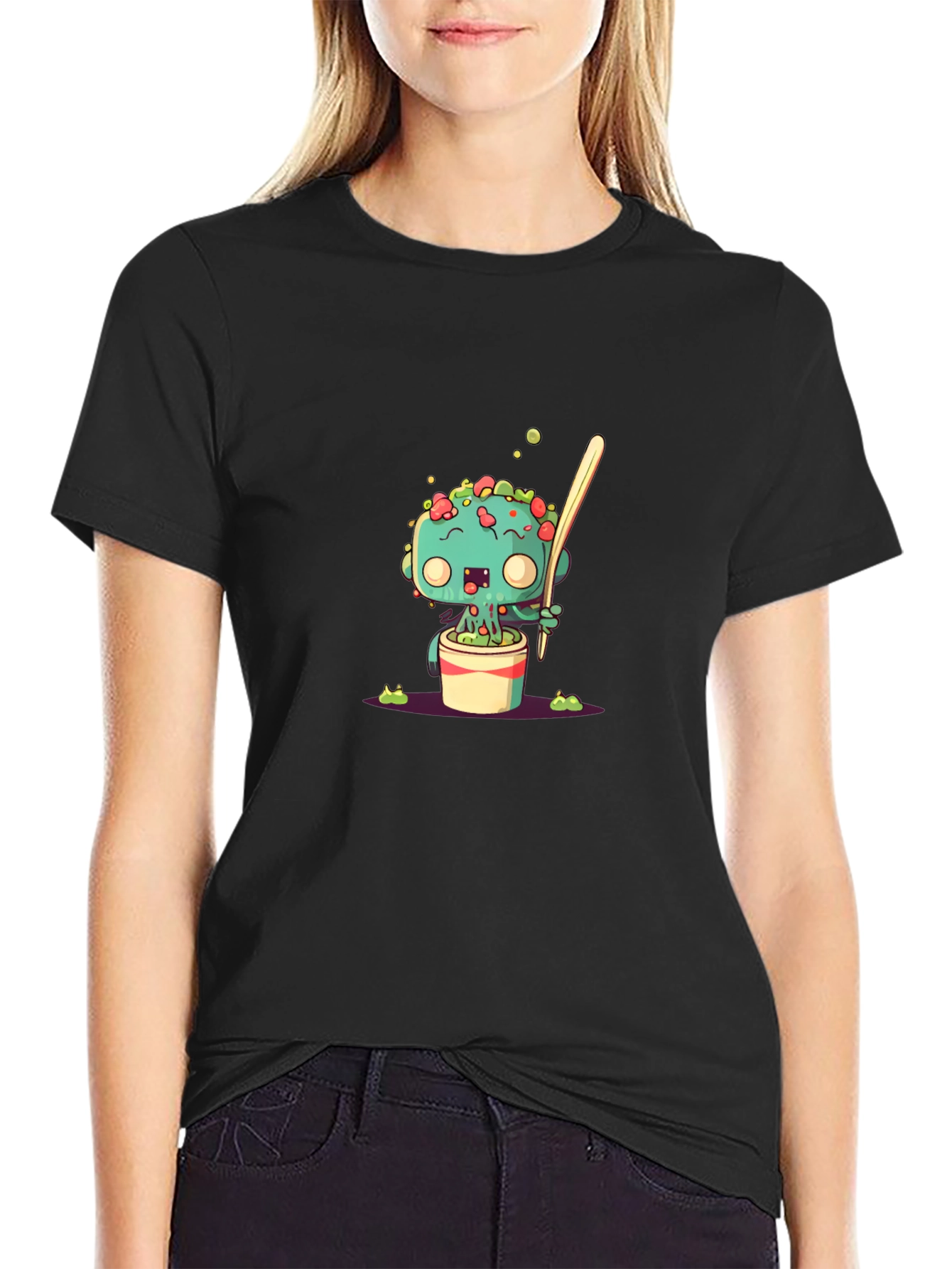 Cute Cartoon Monster in a Pot Black T-Shirt