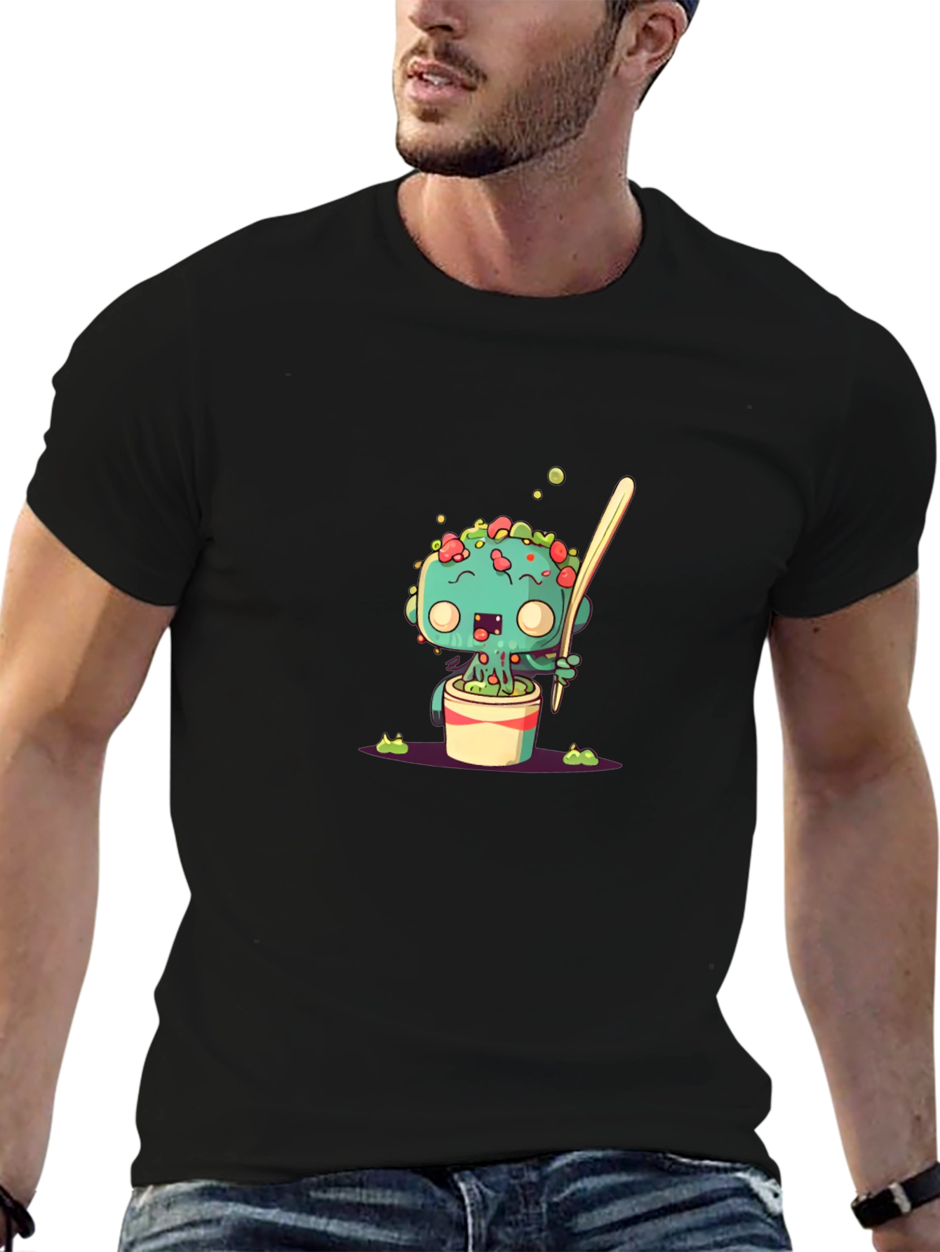 Cute Cartoon Monster in a Pot Black T-Shirt