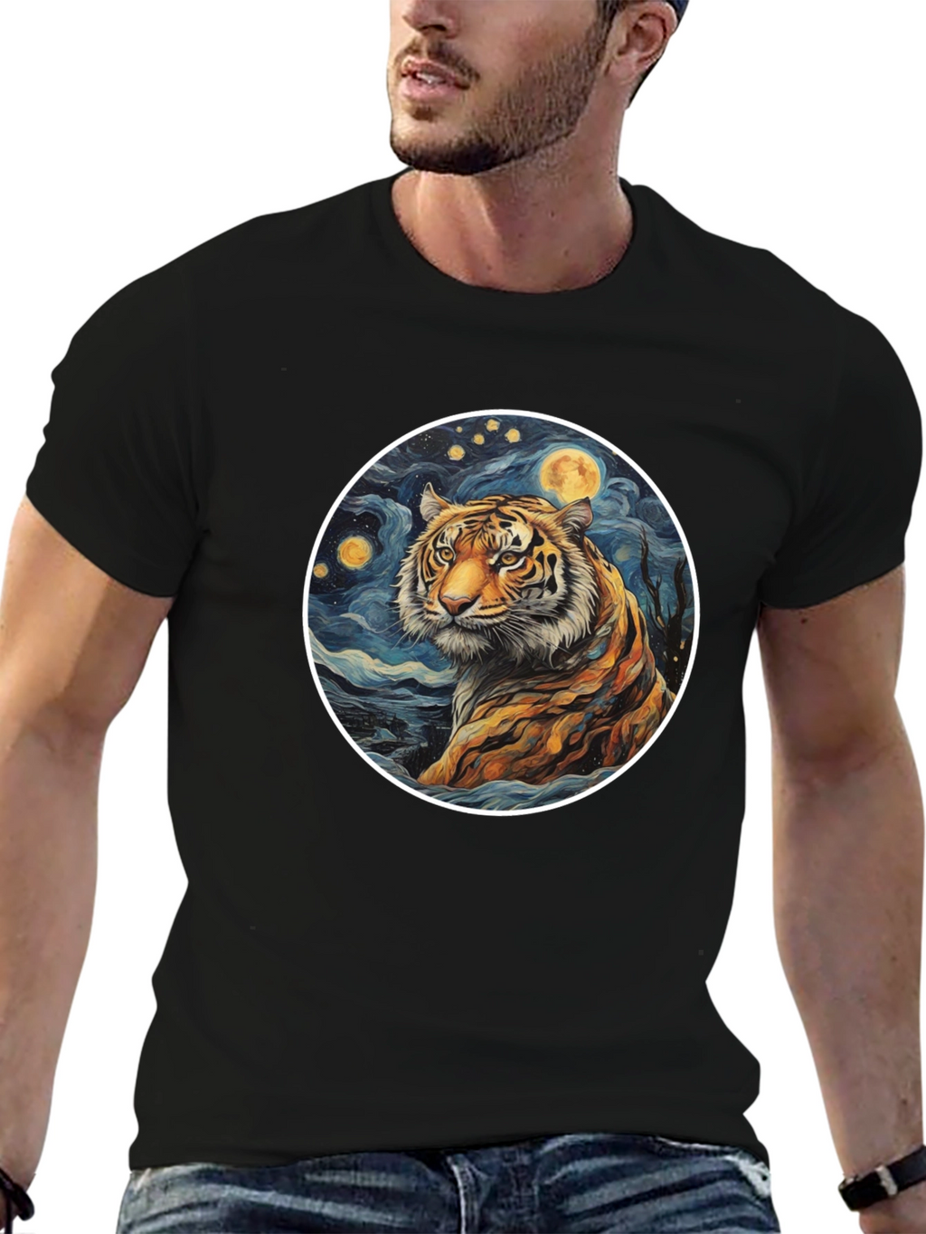 Tiger Moon Graphic Tee - Artistic Mens T-Shirt