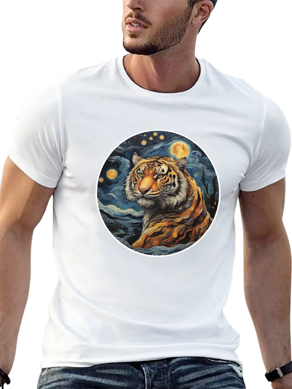 Tiger Moon Graphic Tee - Artistic Mens T-Shirt