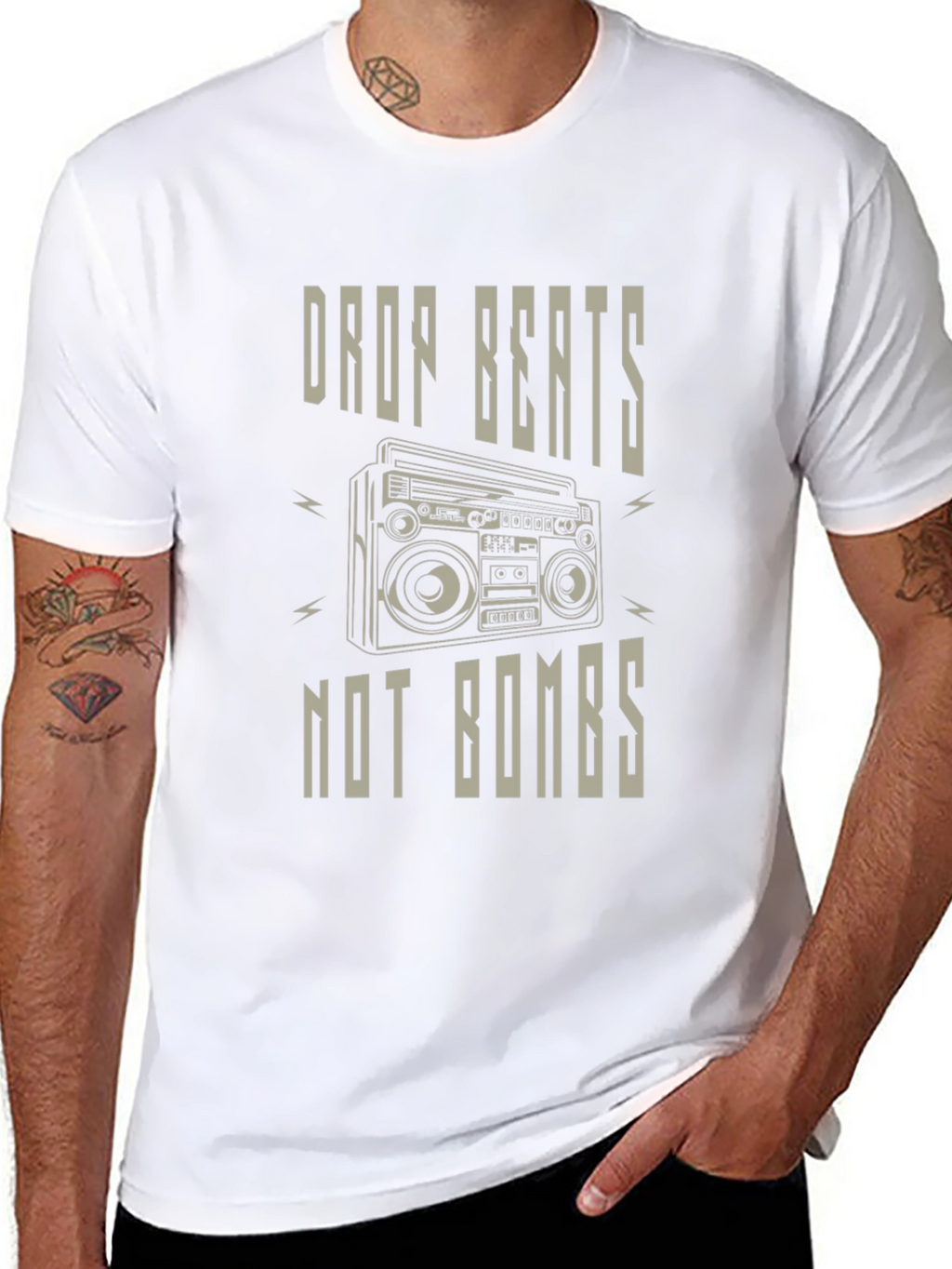 Drop Beats Not Bombs T-Shirt - Classic Boombox Design