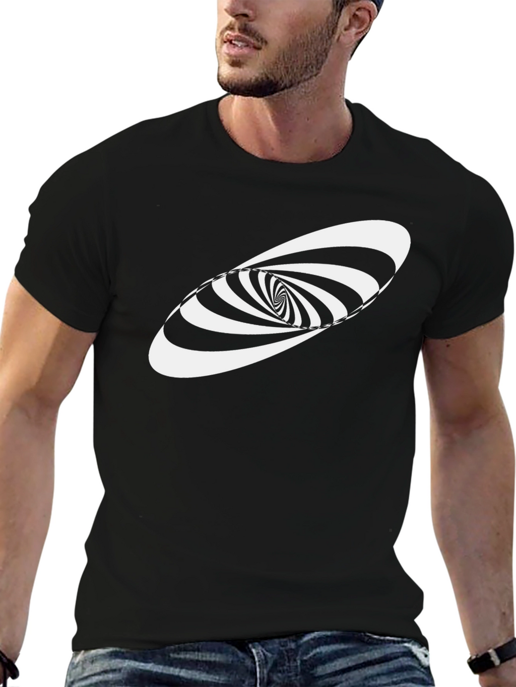 Optical Illusion Swirl Graphic Tee - Black Cotton