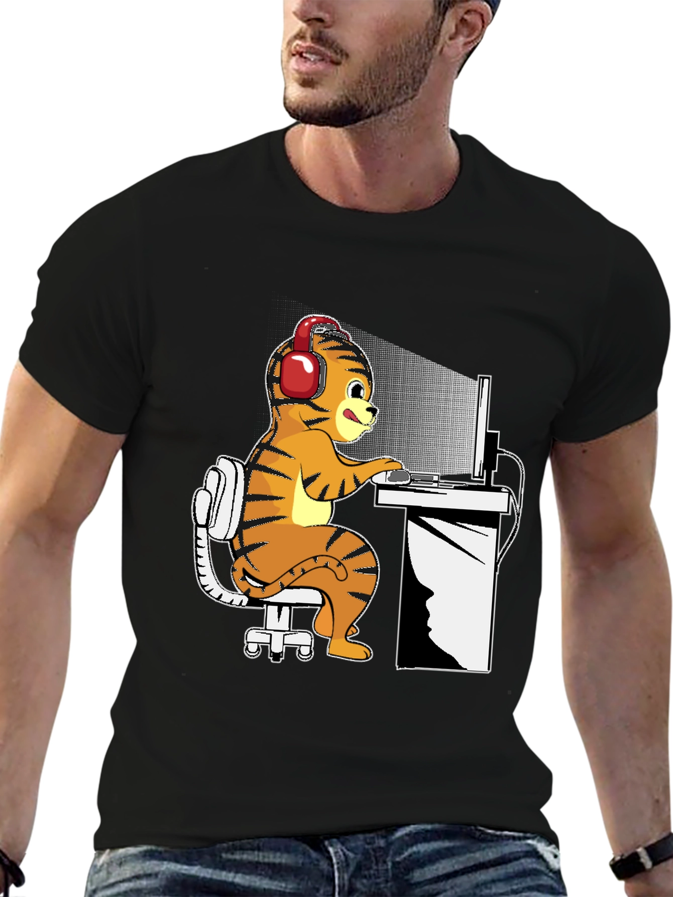 Gamer Tiger Graphic Tee - Black Cotton Comfort