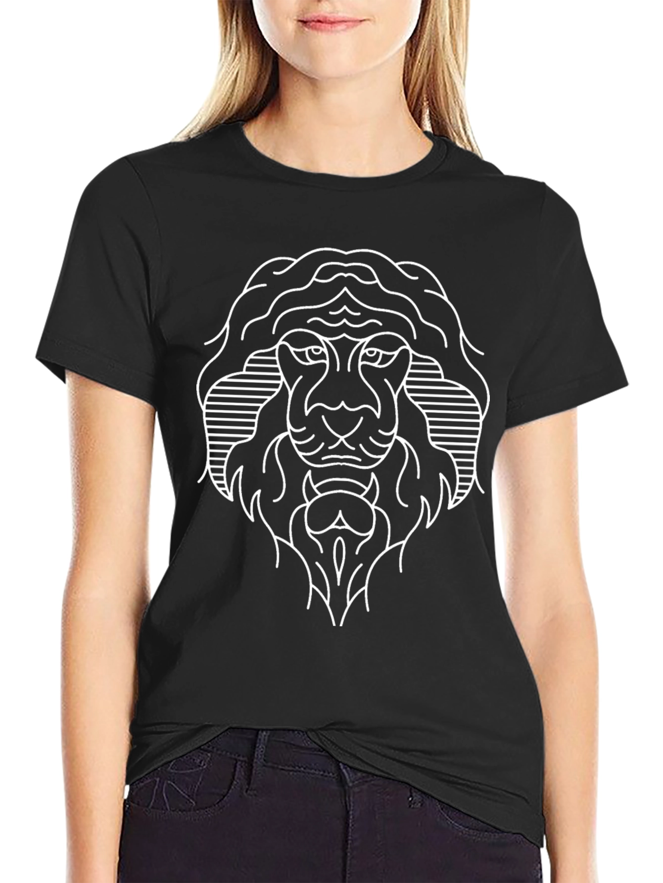 Lion Line Art Graphic Black T-Shirt