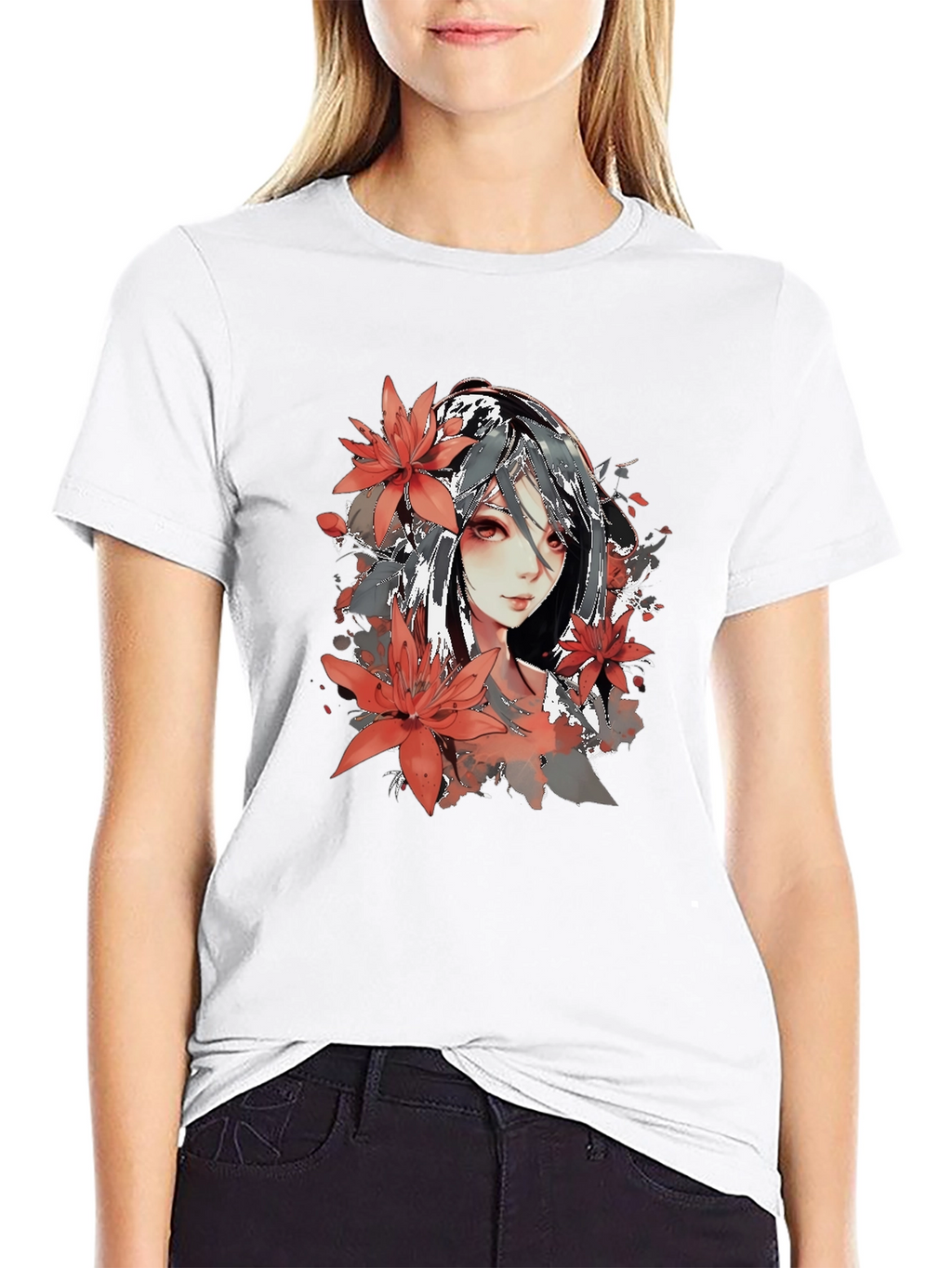 Anime Girl Floral Graphic Black T-Shirt
