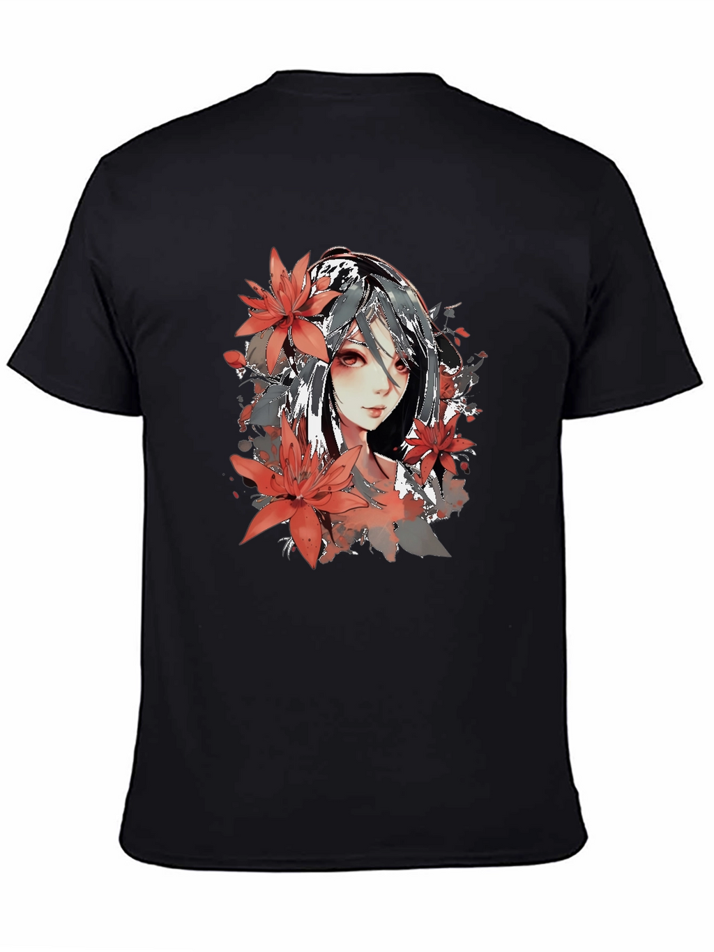 Anime Girl Floral Graphic Black T-Shirt