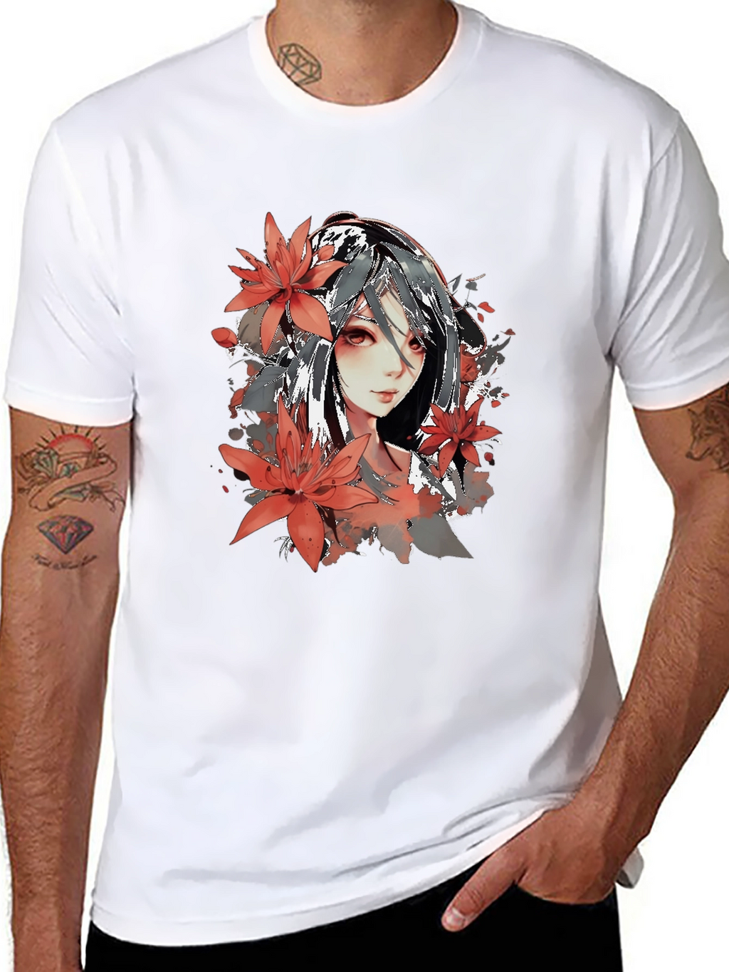 Anime Girl Floral Graphic Black T-Shirt