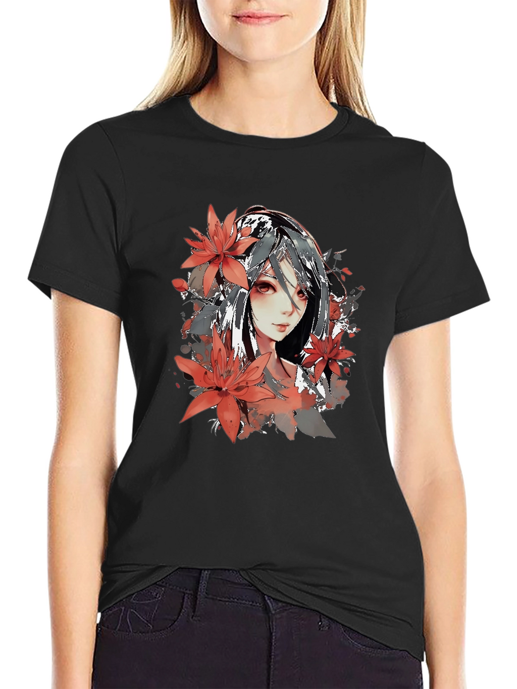 Anime Girl Floral Graphic Black T-Shirt
